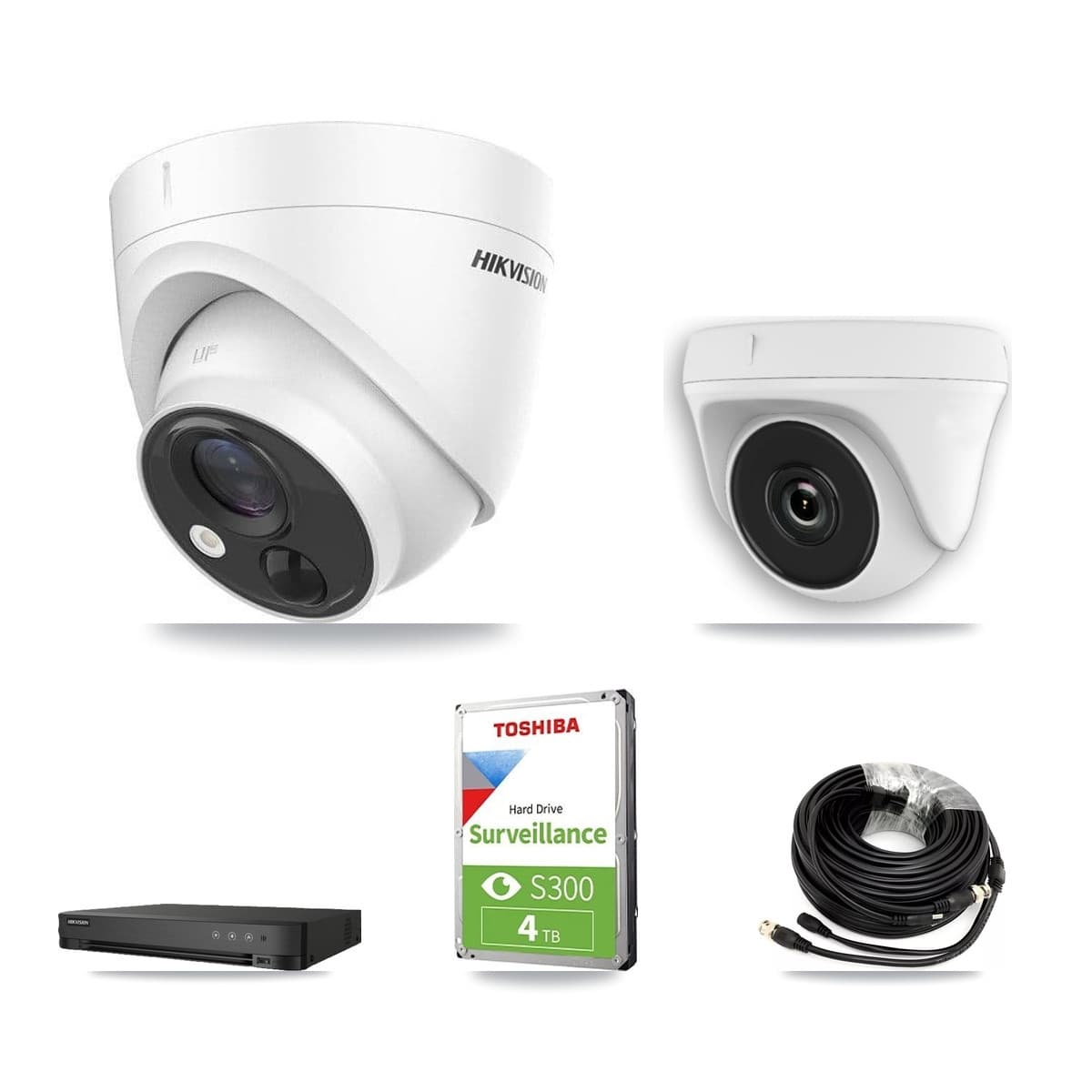 Hikvision 8-Channel 2MP – 5MP CCTV Kit — 2 DS-2CE71H0T 5MP Turret + 1 White HDT-2MP-N20W 2MP Dome Cameras + 4TB Recording (IDS-7208HQHI Recorder) - Image 1