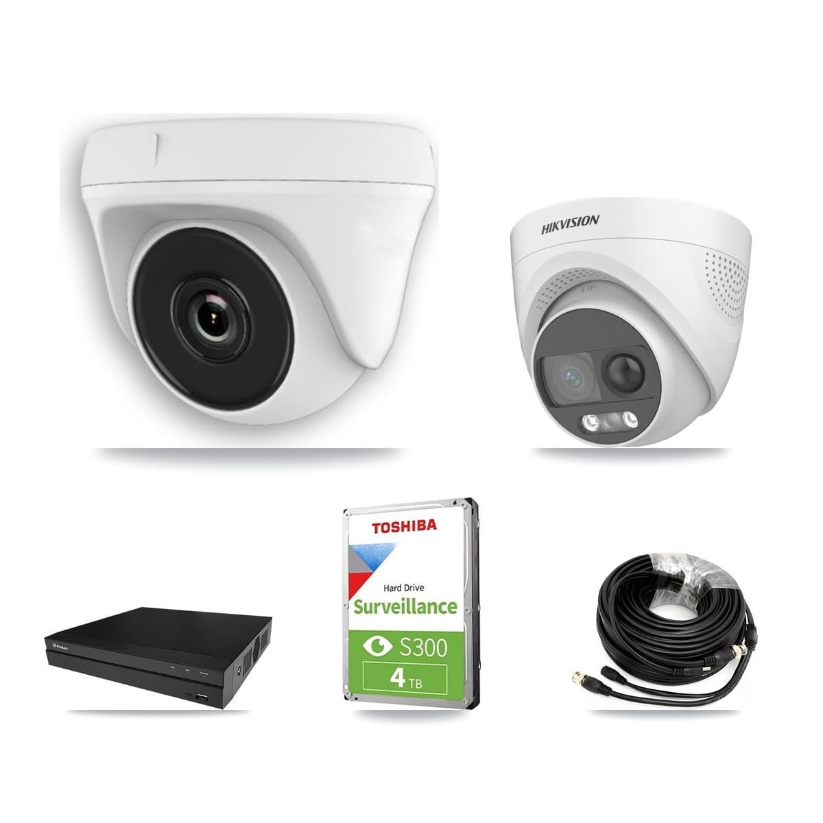 Hikvision & Prolux 8-Channel 2MP – 5MP CCTV Kit — 1 DS-2CE72KF3T 5MP Turret + 4 White HDT-2MP-N20W 2MP Dome Cameras + 4TB Recording (PXD-5208AN Recorder) - Image 1
