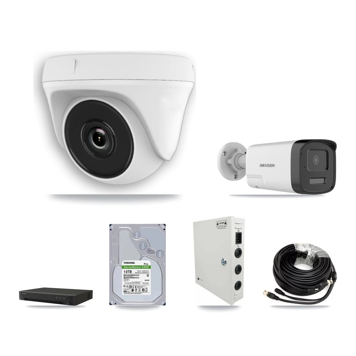 Hikvision 16-Channel 2MP – 5MP CCTV Kit — 4 DS-2CE17K0T 5MP Bullet + 8 White HDT-2MP-N20W 2MP Dome Cameras + 10TB Recording (IDS-7216HQHI Recorder)