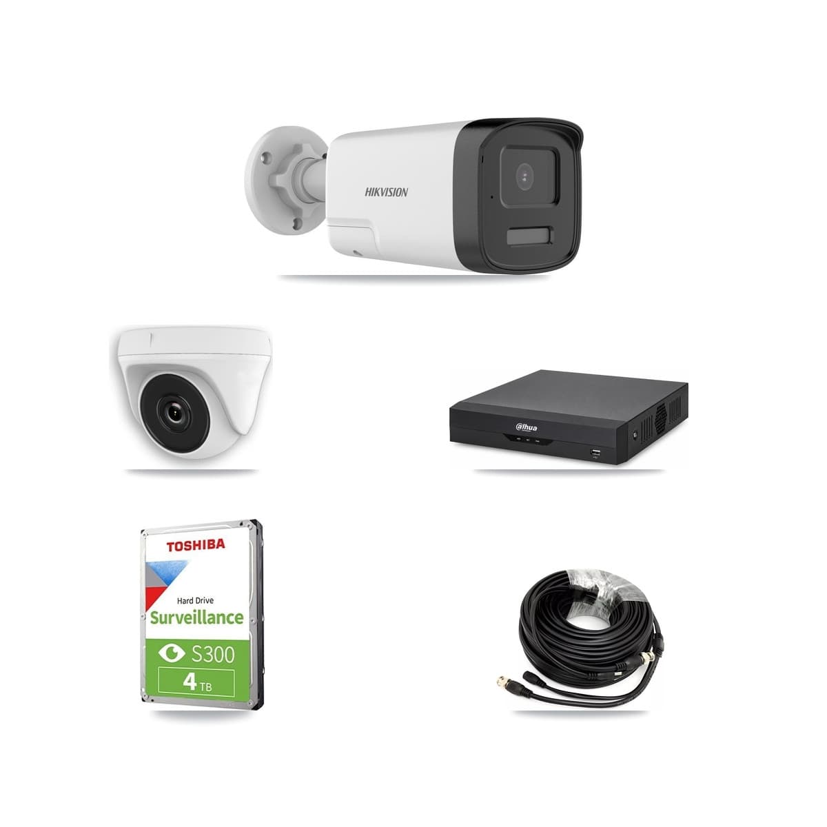 Hikvision & Dahua 4-Channel 2MP – 5MP CCTV Kit — 2 DS-2CE17K0T 5MP Bullet + 2 White HDT-2MP-N20W 2MP Dome Cameras + 4TB Recording - Image 1