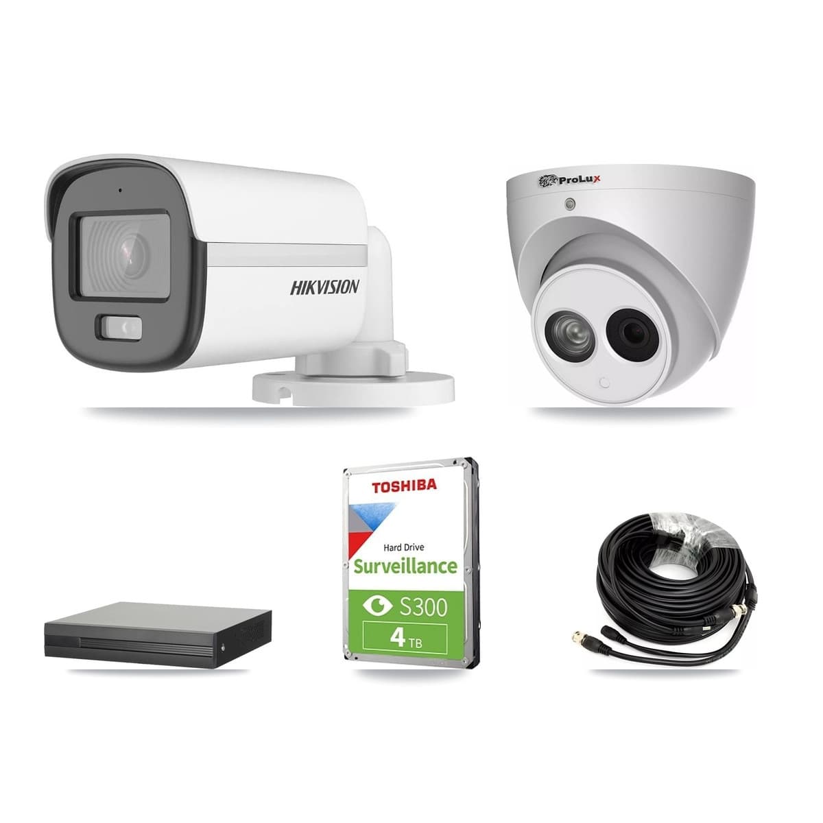 Hikvision & Prolux 4-Channel 4MP – 5MP CCTV Kit — 1 DS-2CE12KF0T 5MP Bullet + 1 PXC-612C4W-A 4MP Turret Cameras + 4TB Recording (XVR-3104HS Recorder) - Image 1
