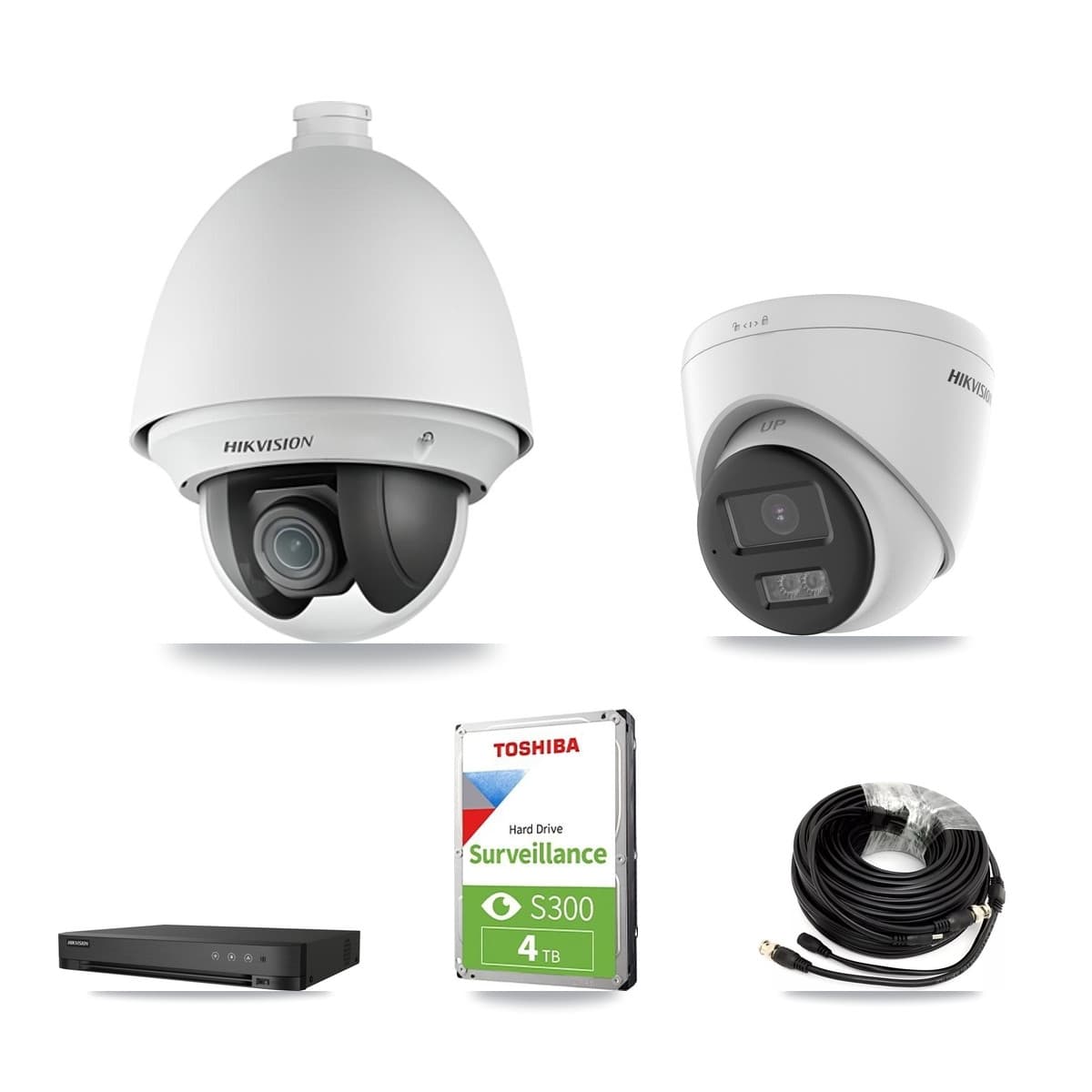 Hikvision 4-Channel 2MP – 5MP CCTV Kit — 1 DS-2AE4225T-A 2MP PTZ + 1 DS-2CE78K0T-LTS 5MP Turret Cameras + 4TB Recording (IDS-7204HQHI-M1/XT Recorder)