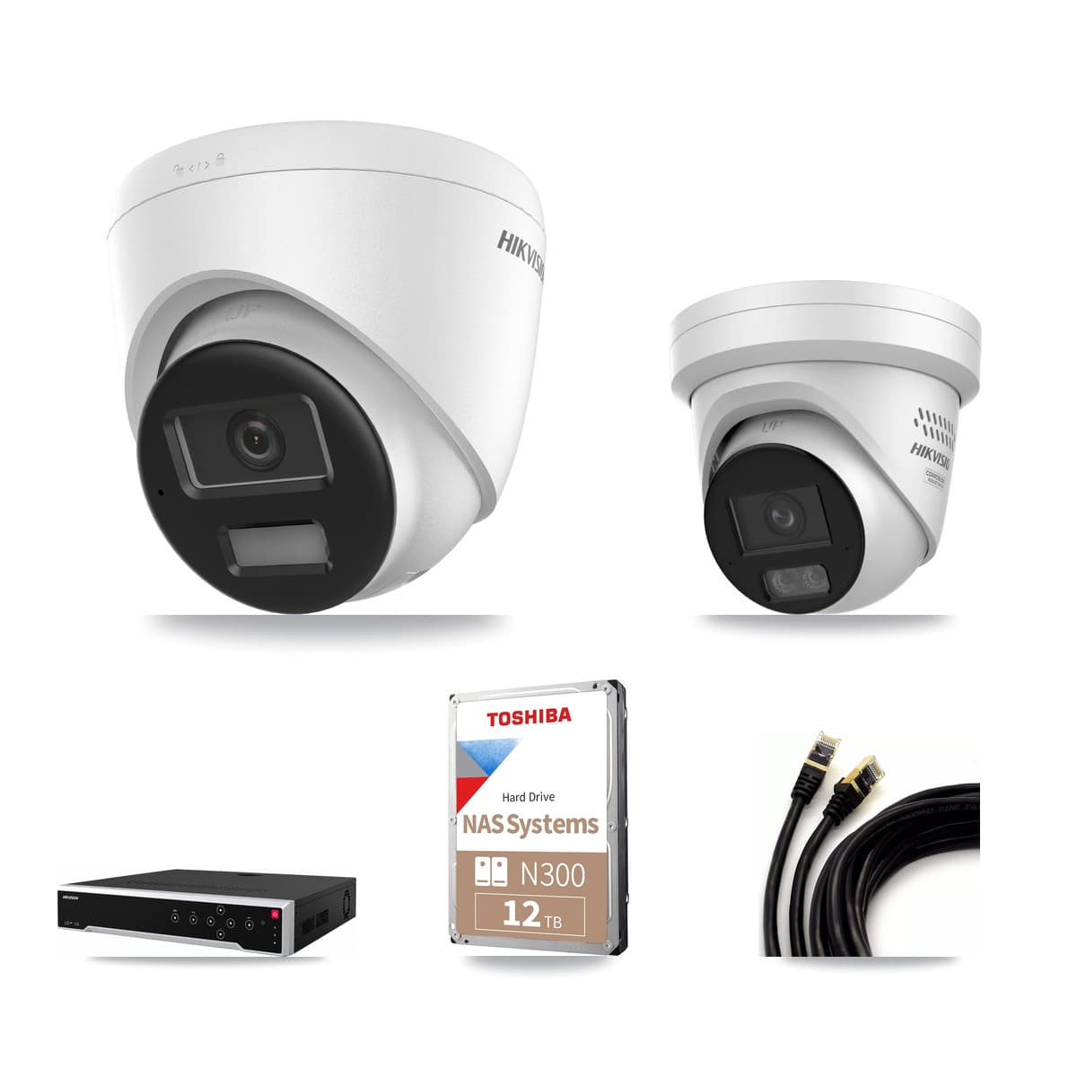 Hikvision 32-Channel 4MP – 4K CCTV Kit — 6 DS-2CD1383G2-LIU 4K + 6 DS-2CD2347G3-LIS2UY/SL 4MP Turret Cameras + 2× 12TB Recording (DS-7732NI-M4/24P Recorder)