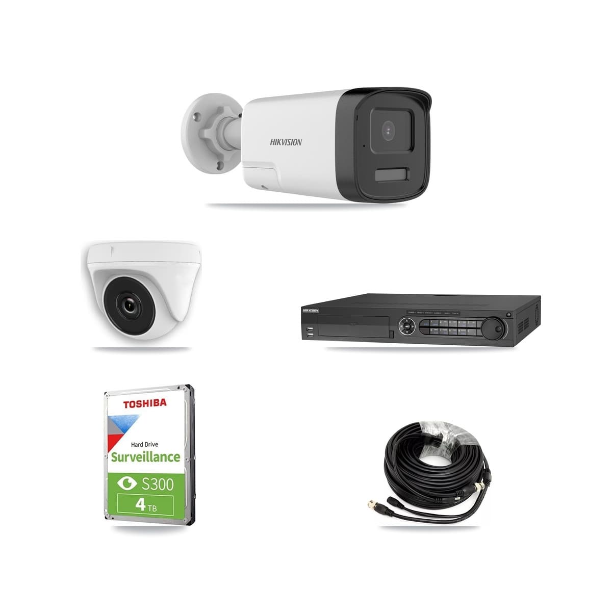 Hikvision 32-Channel 2MP – 5MP CCTV Kit — 2 DS-2CE17K0T 5MP Bullet + 2 White HDT-2MP-N20W 2MP Dome Cameras + 4TB Recording (DS-7332HQHI Recorder) - Image 1
