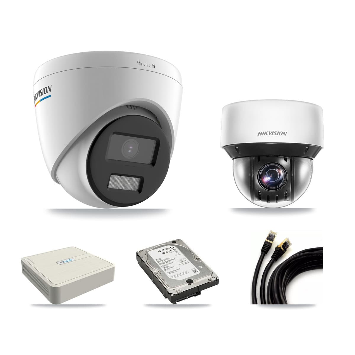 Hikvision & HiLook 8-Channel 2MP – 4MP CCTV Kit — 6 DS-2CD1327G2 2MP Turret + 1 DS-2DE4A425IW 4MP PTZ Cameras + 5TB Recording