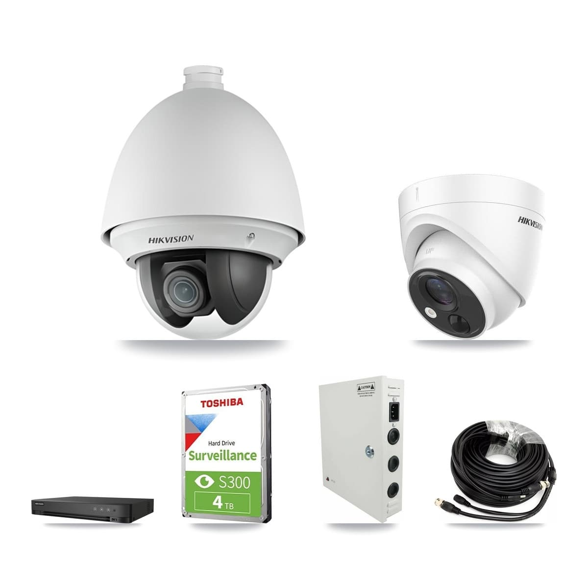 Hikvision 4-Channel 2MP – 5MP CCTV Kit — 2 DS-2AE4225T 2MP PTZ + 2 DS-2CE71H0T 5MP Turret Cameras + 4TB Recording (IDS-7204HQHI Recorder)