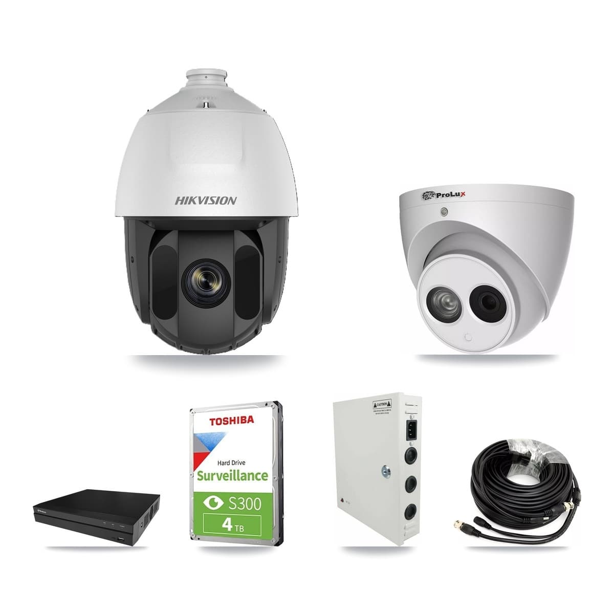 Hikvision & Prolux 8-Channel 2MP – 4MP CCTV Kit — 2 DS-2AE5225TI 2MP PTZ + 2 PXC-612C4W-A 4MP Turret Cameras + 4TB Recording (PXD-5208AN Recorder) - Image 1