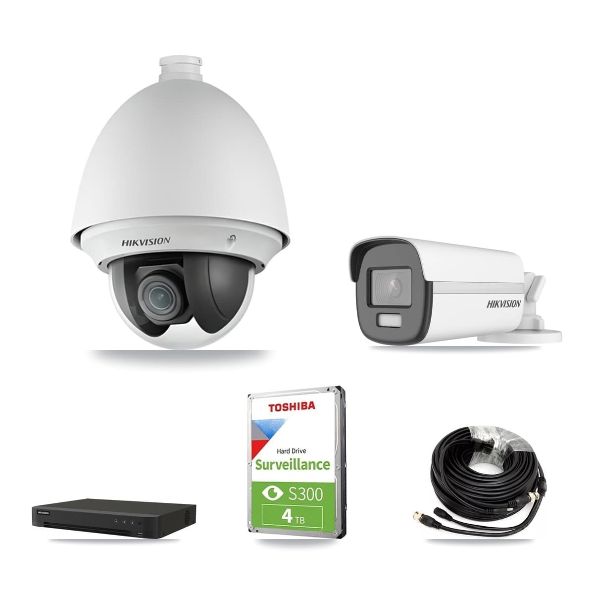 Hikvision 8-Channel 2MP – 4K CCTV Kit — 1 DS-2AE4225T-A 2MP PTZ + 1 DS-2CE12UF3T-E 4K Bullet Cameras + 4TB Recording (IDS-7208HUHI-M1/XT Recorder) - Image 1