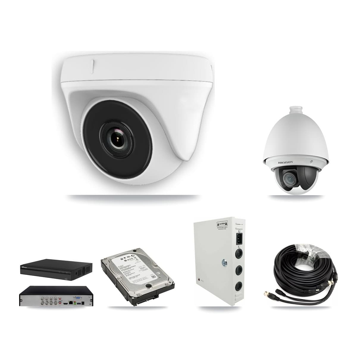 Hikvision & Prolux 8-Channel 2MP CCTV Kit — 1 DS-2AE4225T PTZ + 7 White HDT-2MP-N20W Dome Cameras + 5TB Recording