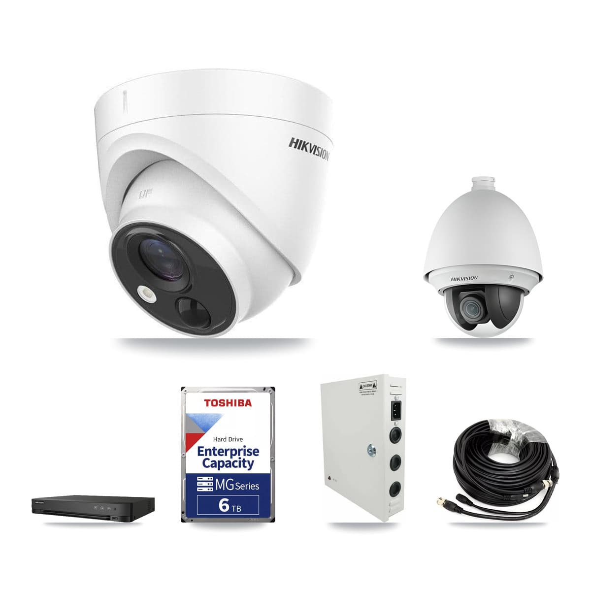 Hikvision 8-Channel 2MP – 5MP CCTV Kit — 1 DS-2AE4225T 2MP PTZ + 4 DS-2CE71H0T 5MP Turret Cameras + 6TB Recording (IDS-7208HQHI Recorder)