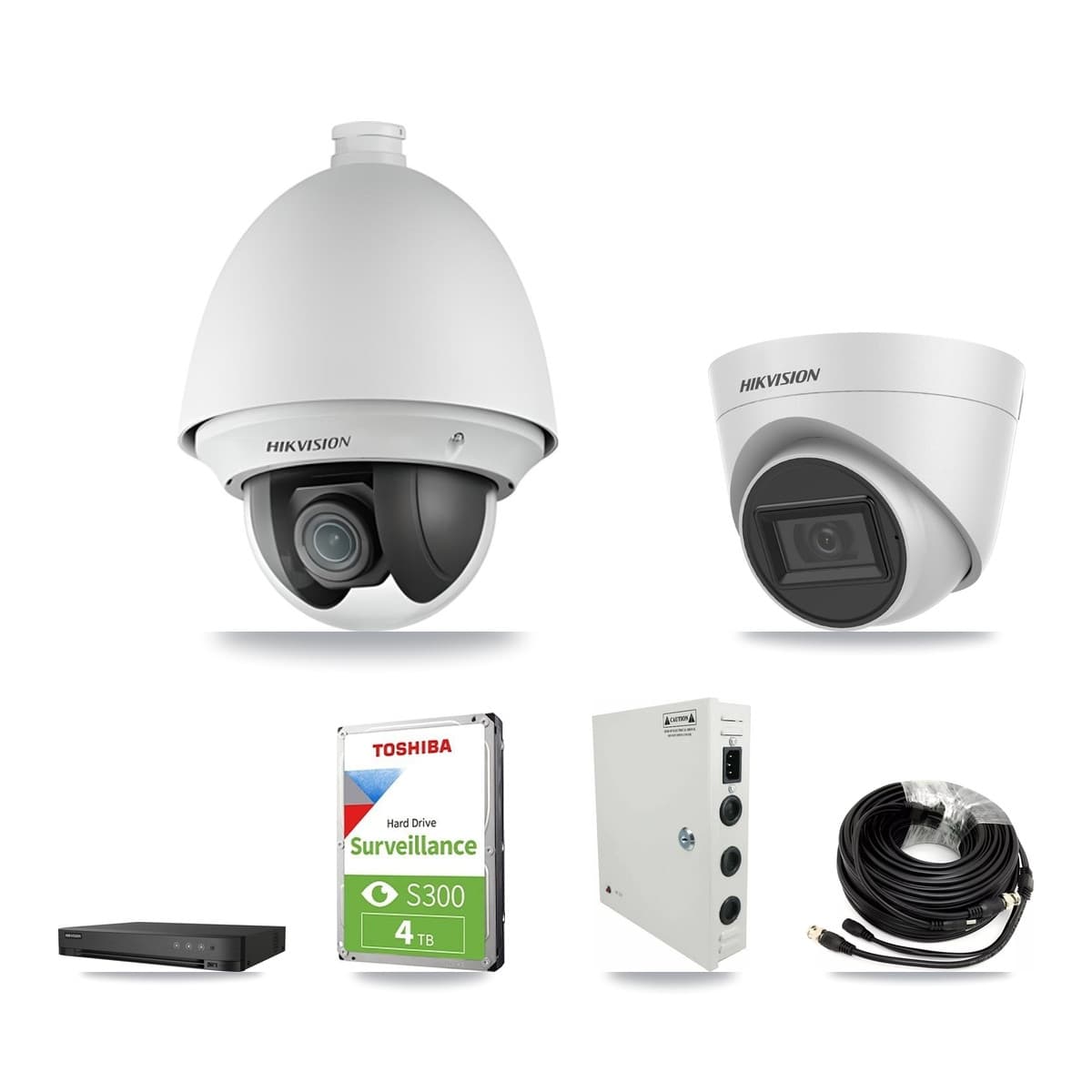 Hikvision 4-Channel 2MP – 5MP CCTV Kit — 2 2MP PTZ + 2 White 5MP Turret Cameras + 4TB Recording (IDS-7204HQHI Recorder)