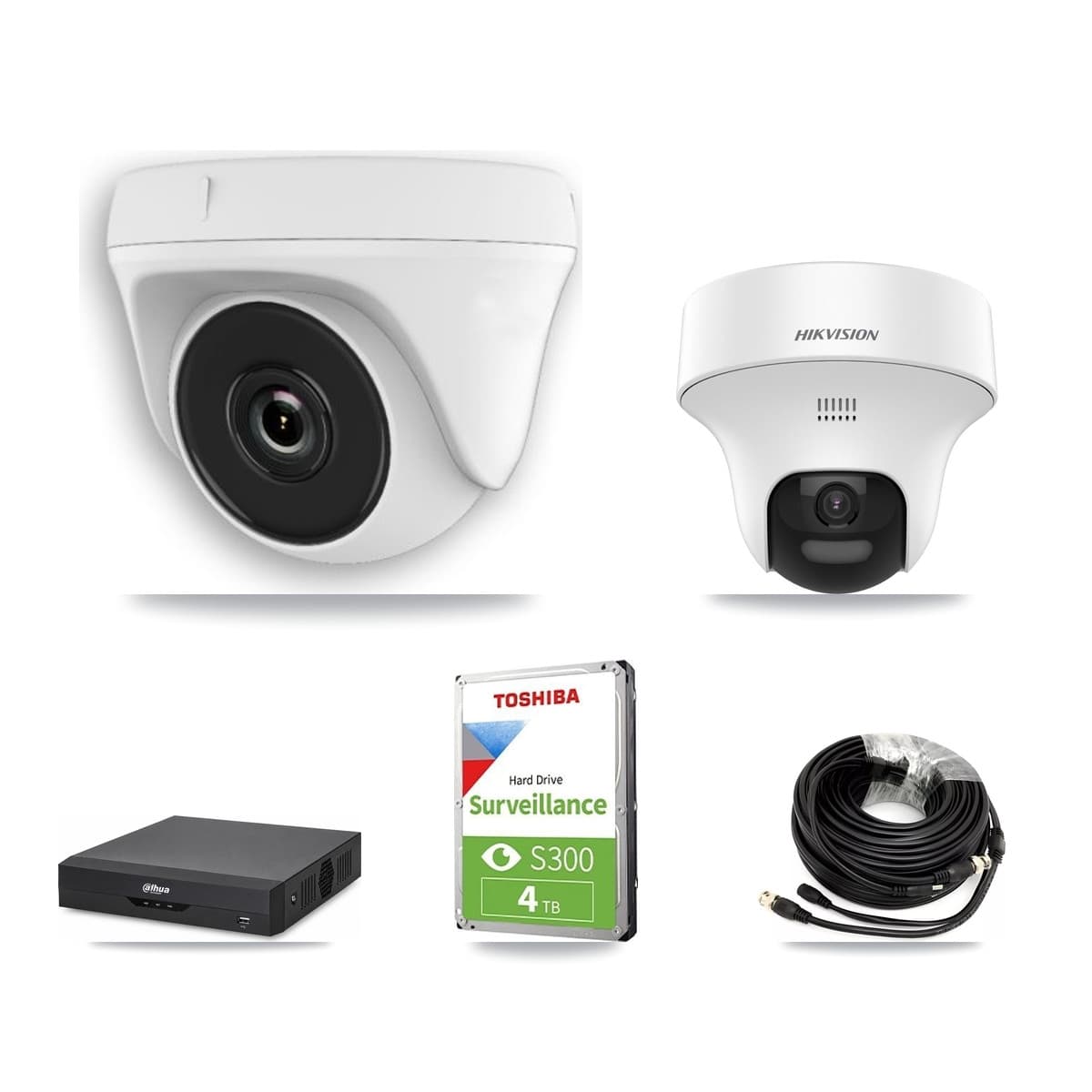 Hikvision & Dahua 4-Channel 2MP – 5MP CCTV Kit — 1 DS-2CE70K0T 5MP Turret + 3 White HDT-2MP-N20W 2MP Dome Cameras + 4TB Recording - Image 1