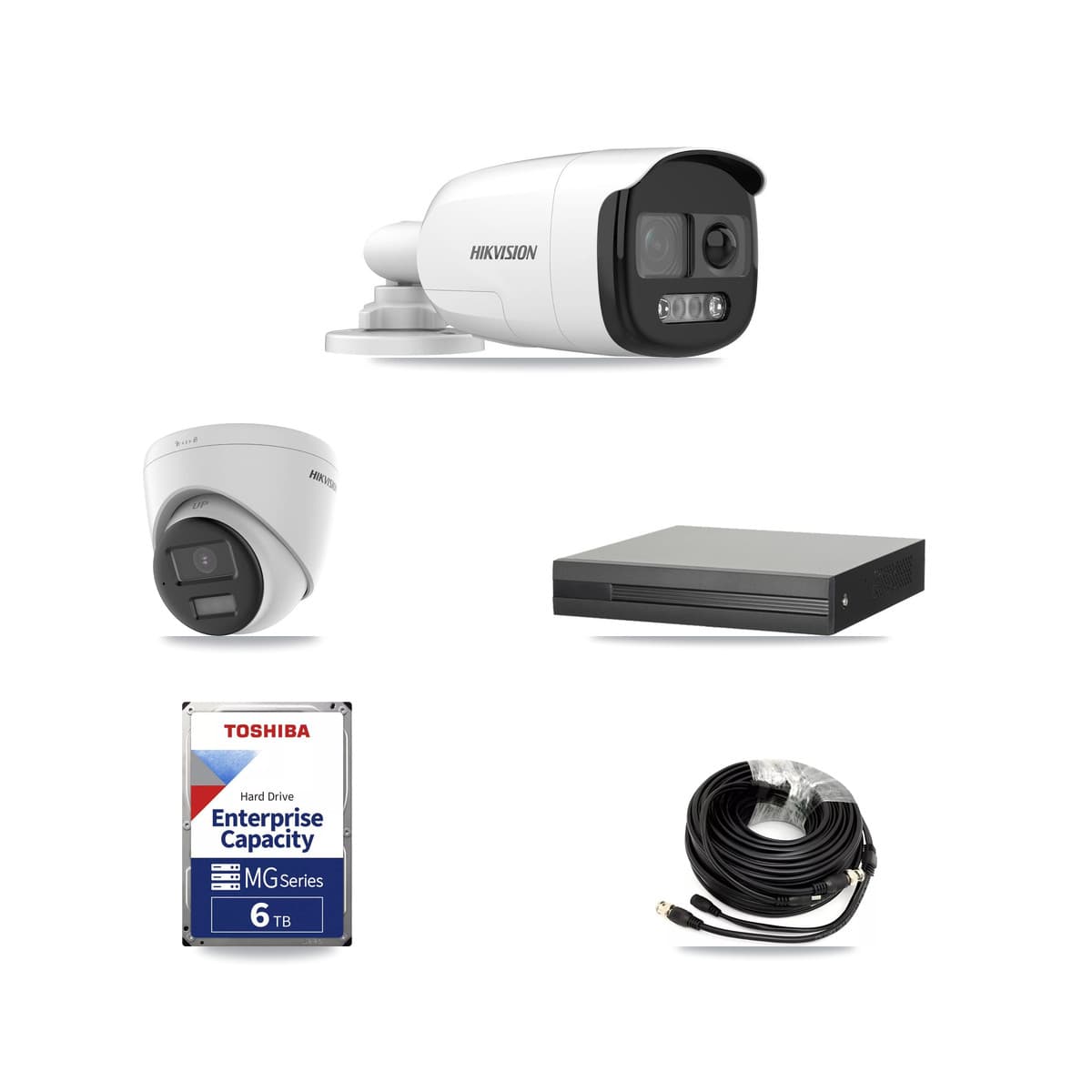 Hikvision 4-Channel 5MP CCTV Kit — 1 DS-2CE12KF3T-PIRXO Bullet + 1 DS-2CE78K0T-LPTS Turret Cameras + 6TB Recording (XVR-3104HS-5MP-LITE Recorder) - Image 1