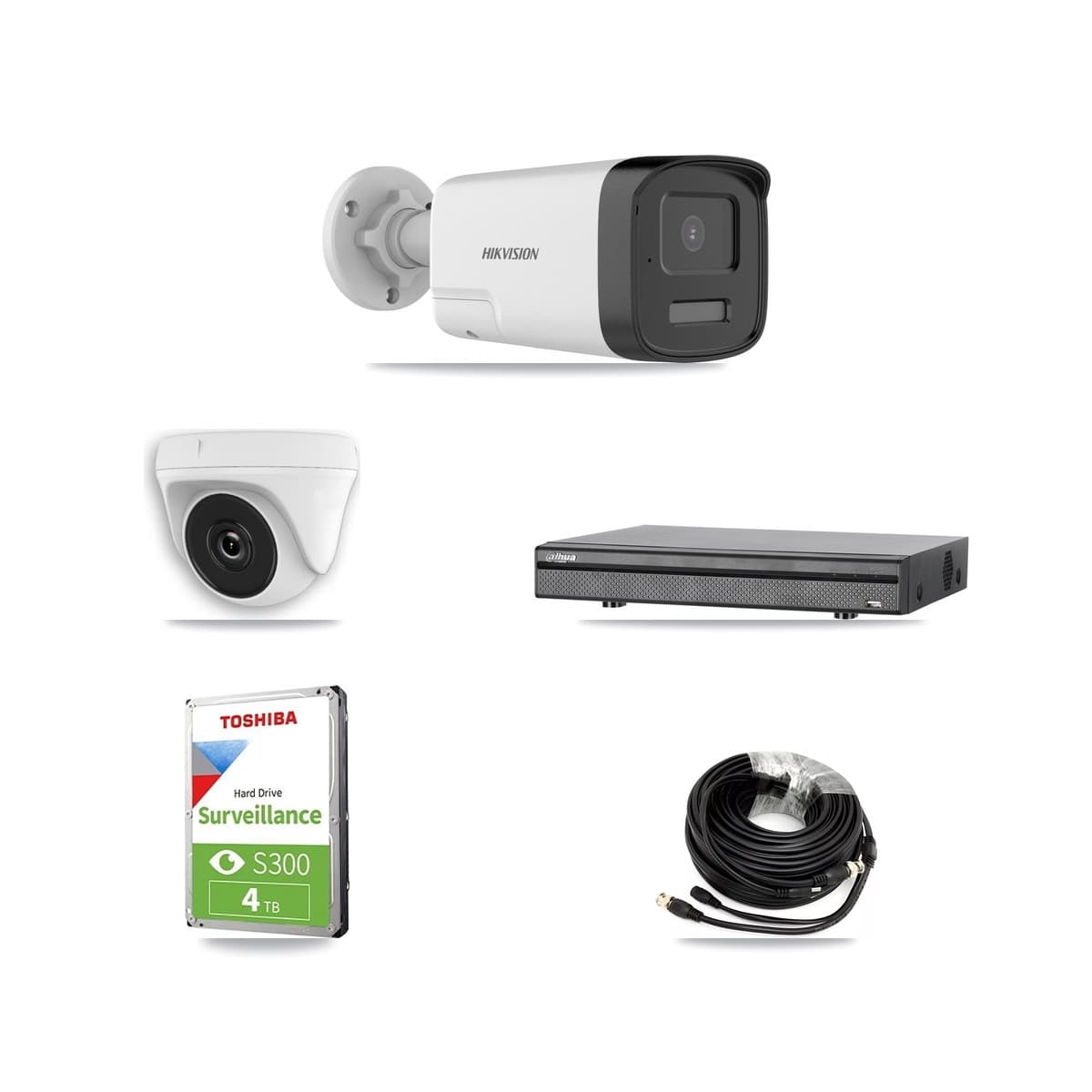 Hikvision & Dahua 8-Channel 2MP – 5MP CCTV Kit — 2 DS-2CE17K0T 5MP Bullet + 2 White HDT-2MP-N20W 2MP Dome Cameras + 4TB Recording (DH-XVR5108H Recorder) - Image 1