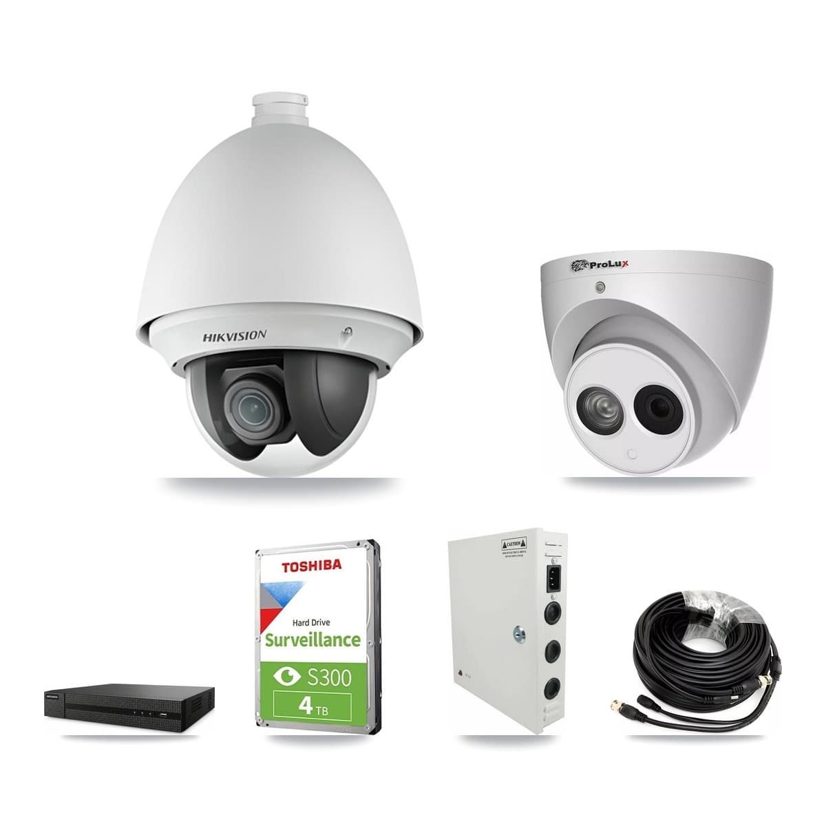 Hikvision & Prolux 8-Channel 2MP – 4MP CCTV Kit — 2 DS-2AE4225T 2MP PTZ + 2 PXC-612C4W-A 4MP Turret Cameras + 4TB Recording (DVR-8CH Recorder) - Image 1