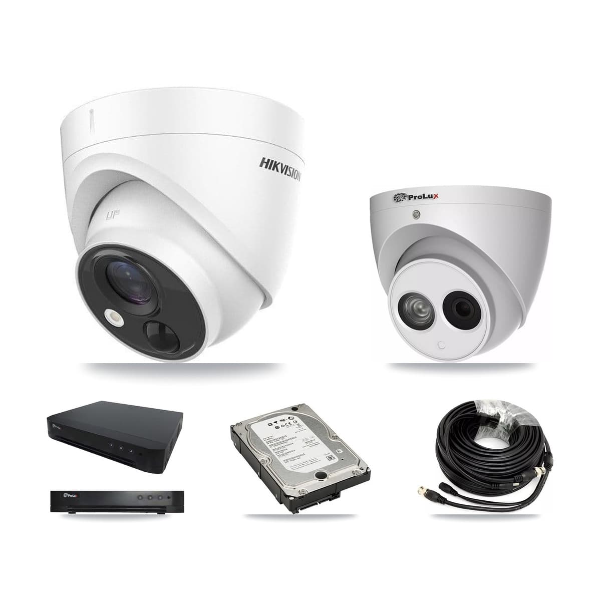 Hikvision & Prolux 16-Channel 4MP – 5MP CCTV Kit — 3 DS-2CE71H0T 5MP + 1 PXC-612C4W-A 4MP Turret Cameras + 5TB Recording (PXD-8216 Recorder) - Image 1