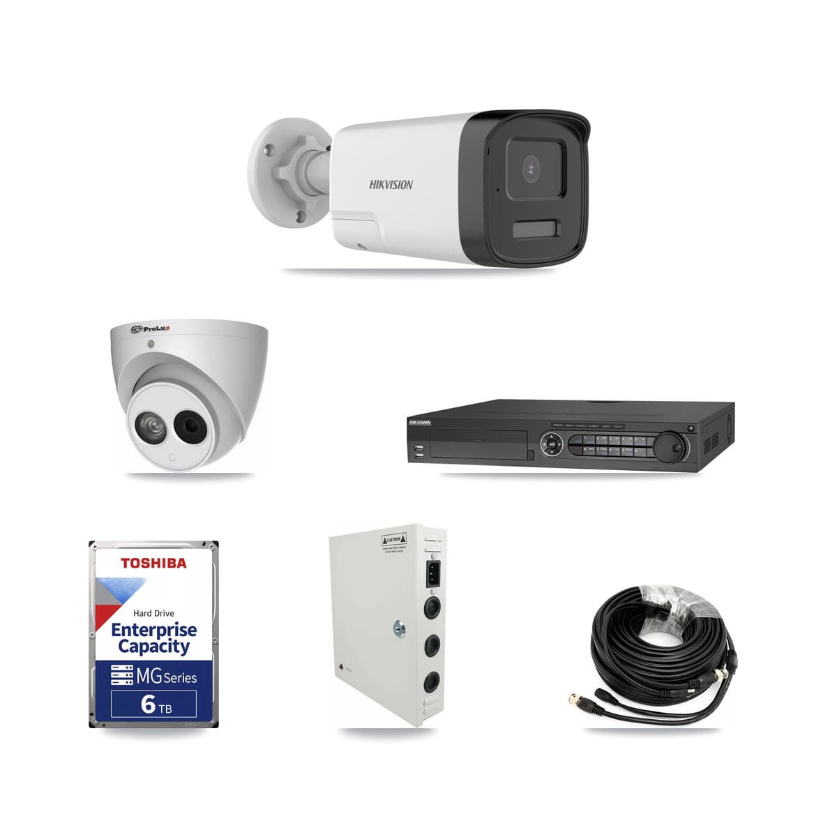 Hikvision & Prolux 32-Channel 4MP – 5MP CCTV Kit — 9 DS-2CE17K0T 5MP Bullet + 1 PXC-612C4W-A 4MP Turret Cameras + 2× 6TB Recording - Image 1