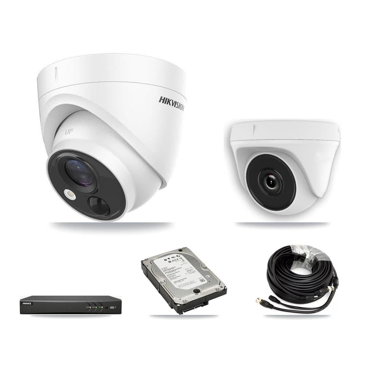 Hikvision & ANNKE 4-Channel 2MP – 5MP CCTV Kit — 3 DS-2CE71H0T 5MP Turret + 1 White HDT-2MP-N20W 2MP Dome Cameras + 5TB Recording - Image 1