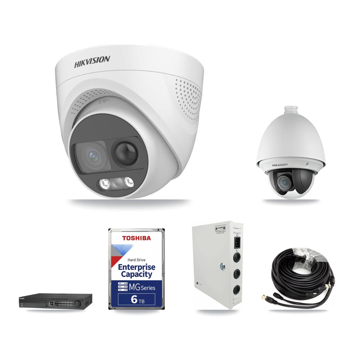 Hikvision 32-Channel 2MP – 5MP CCTV Kit — 1 DS-2AE4225T 2MP PTZ + 9 DS-2CE72KF3T 5MP Turret Cameras + 2× 6TB Recording