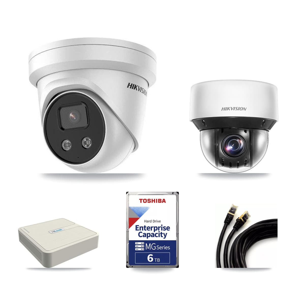 Hikvision & HiLook 8-Channel 4MP – 5MP CCTV Kit — 6 DS-2CD3356G2 5MP Turret + 1 DS-2DE4A425IW 4MP PTZ Cameras + 6TB Recording - Image 1