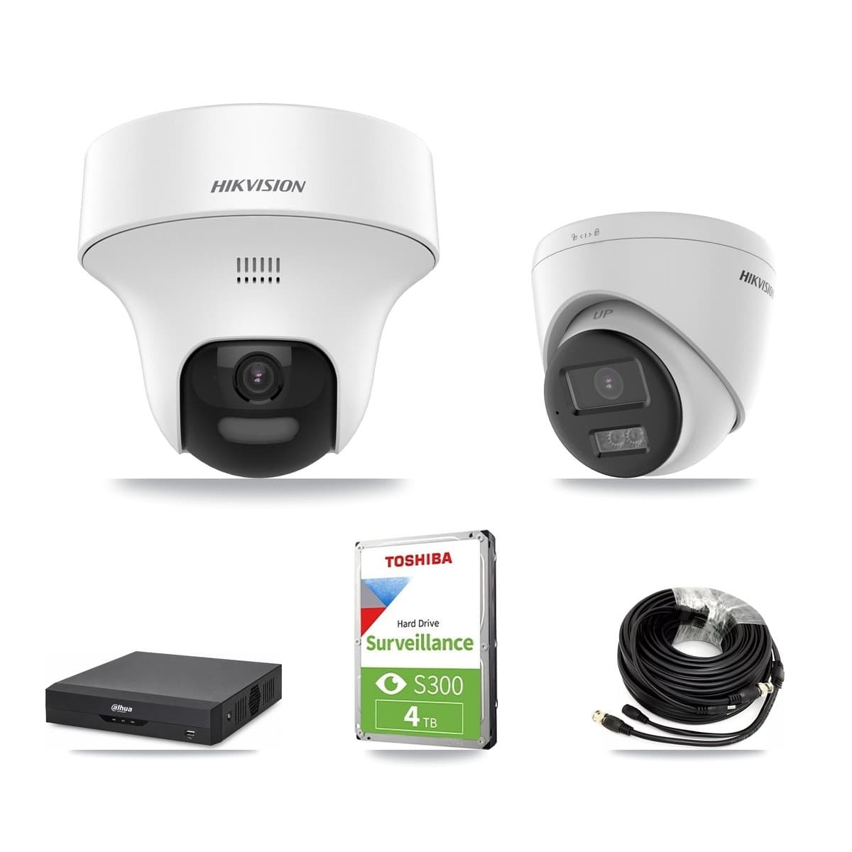 Hikvision & Dahua 4-Channel 5MP CCTV Kit — 1 DS-2CE70K0T-PTLTS + 1 DS-2CE78K0T-LTS Turret Cameras + 4TB Recording (DH-XVR5104HS-4KL-I2 Recorder) - Image 1