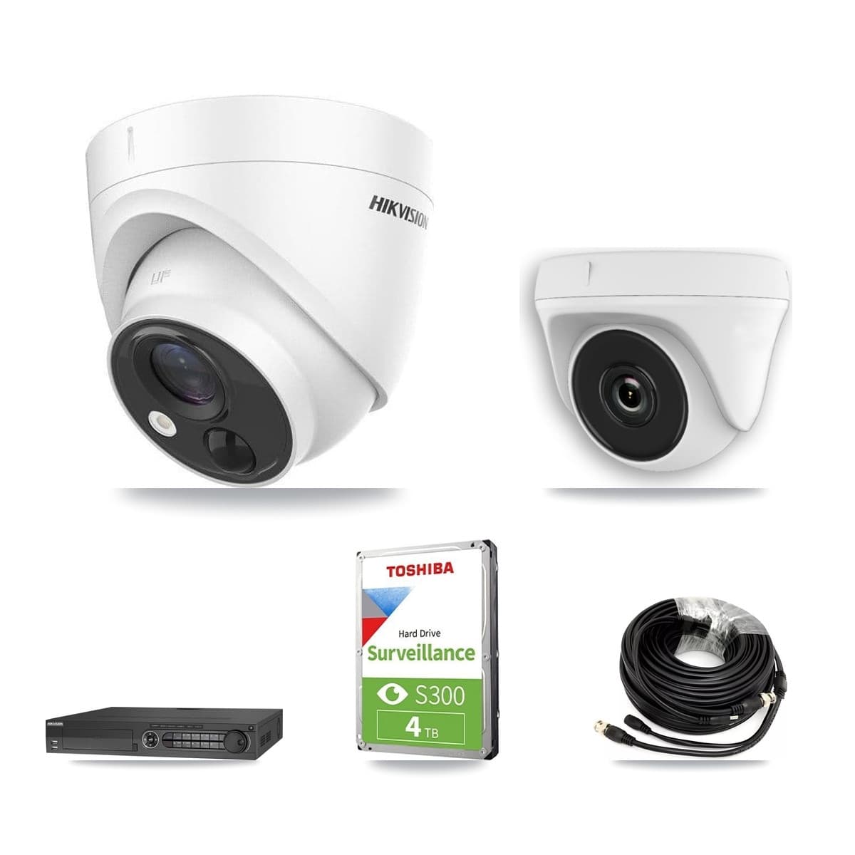 Hikvision 32-Channel 2MP – 5MP CCTV Kit — 2 DS-2CE71H0T 5MP Turret + 2 White HDT-2MP-N20W 2MP Dome Cameras + 4TB Recording (DS-7332HQHI Recorder) - Image 1