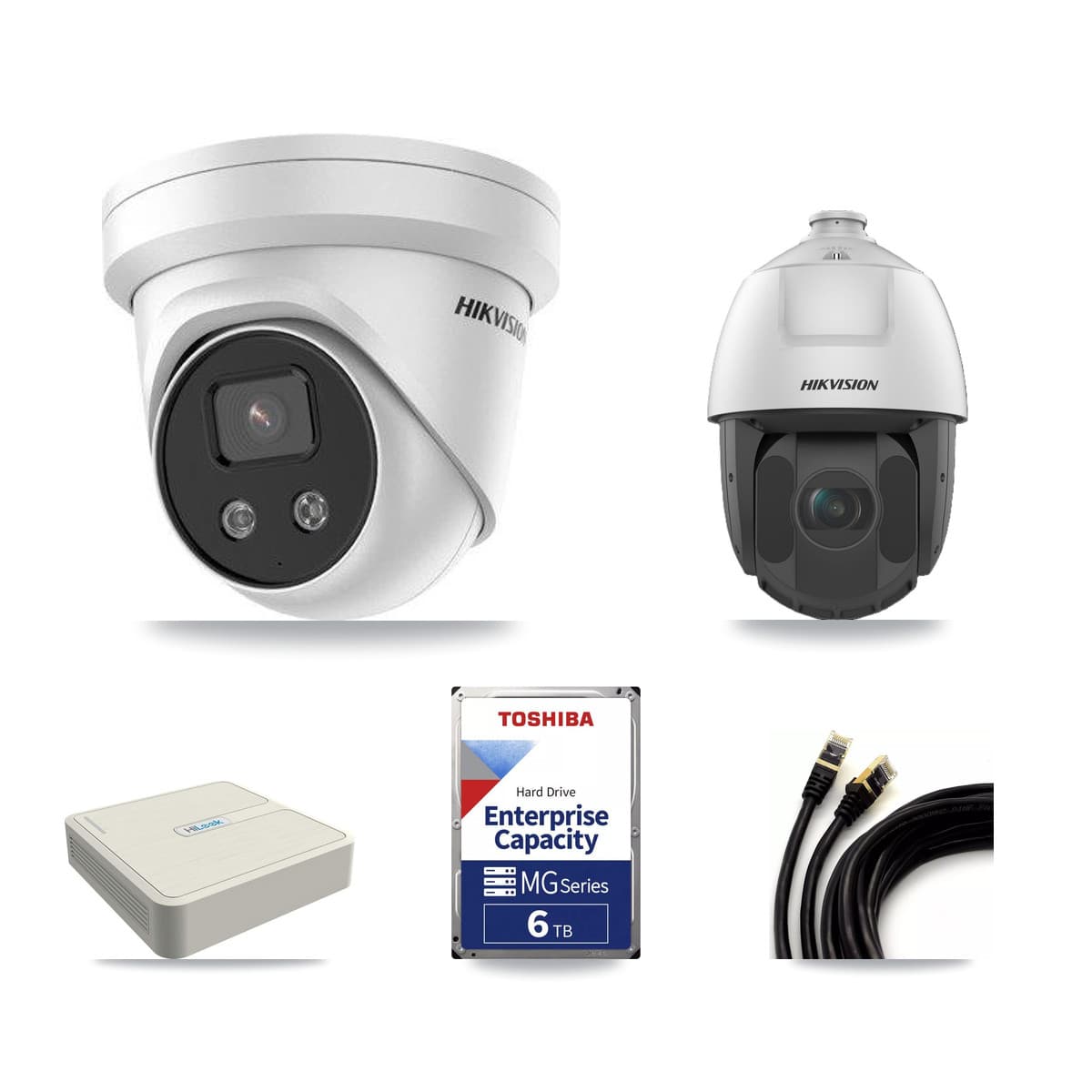 Hikvision & HiLook 8-Channel 2MP – 5MP CCTV Kit — 5 5MP Turret + 1 2MP PTZ Cameras + 6TB Recording (NVR-108H-D Recorder) - Image 1