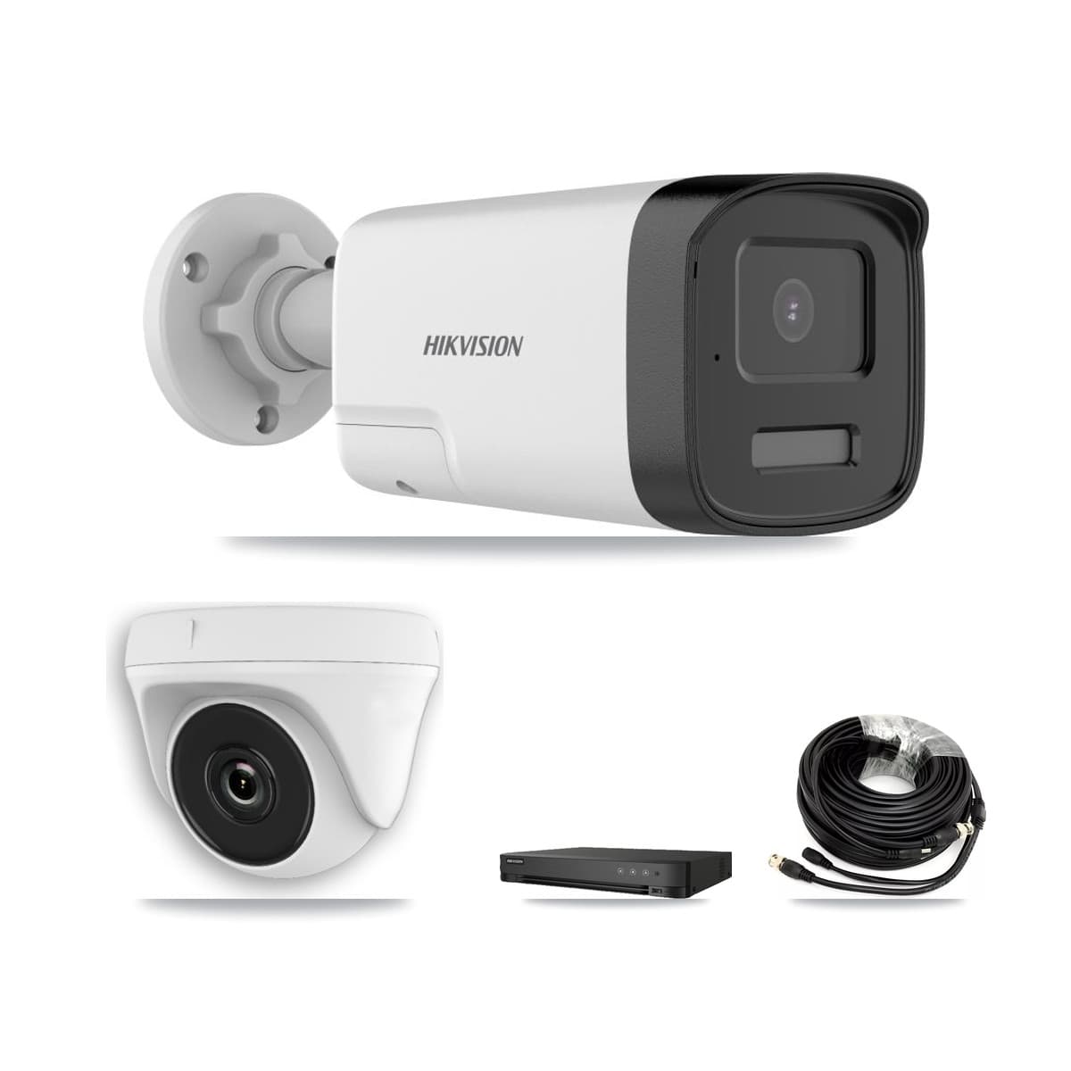 Hikvision 8-Channel 2MP – 5MP CCTV Kit — 4 DS-2CE17K0T 5MP Bullet + 4 White HDT-2MP-N20W 2MP Dome Cameras + 8TB Recording (IDS-7208HQHI Recorder) - Image 1