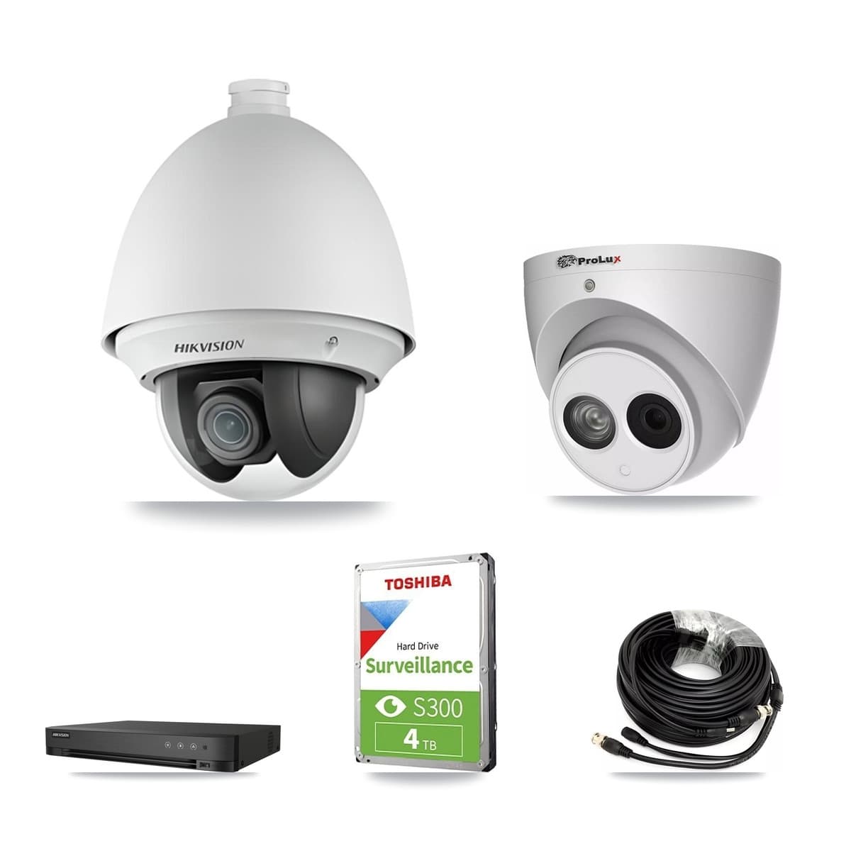 Hikvision & Prolux 4-Channel 2MP – 4MP CCTV Kit — 1 2MP PTZ + 1 4MP Turret Cameras + 4TB Recording (IDS-7204HQHI Recorder) - Image 1