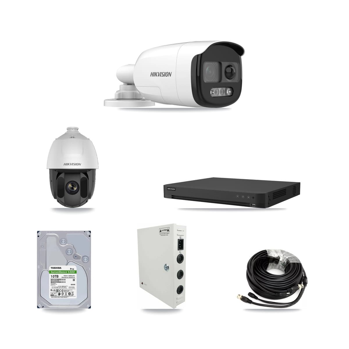 Hikvision 16-Channel 2MP – 5MP CCTV Kit — 1 DS-2AE5225TI 2MP PTZ + 15 DS-2CE12KF3T 5MP Bullet Cameras + 2× 10TB Recording