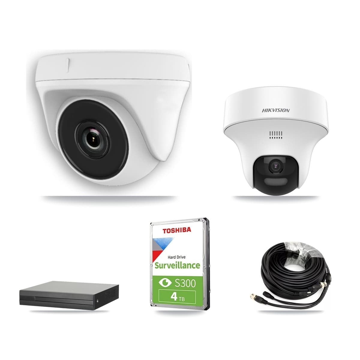 Hikvision 8-Channel 2MP – 5MP CCTV Kit — 1 DS-2CE70K0T 5MP Turret + 4 White HDT-2MP-N20W 2MP Dome Cameras + 4TB Recording (XVR-3108HS Recorder)