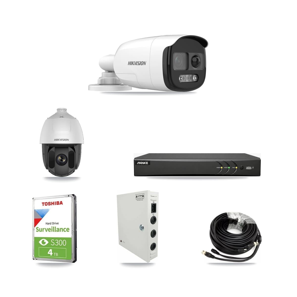 Hikvision & ANNKE 4-Channel 2MP – 5MP CCTV Kit — 1 DS-2AE5225TI 2MP PTZ + 2 DS-2CE12KF3T 5MP Bullet Cameras + 4TB Recording - Image 1