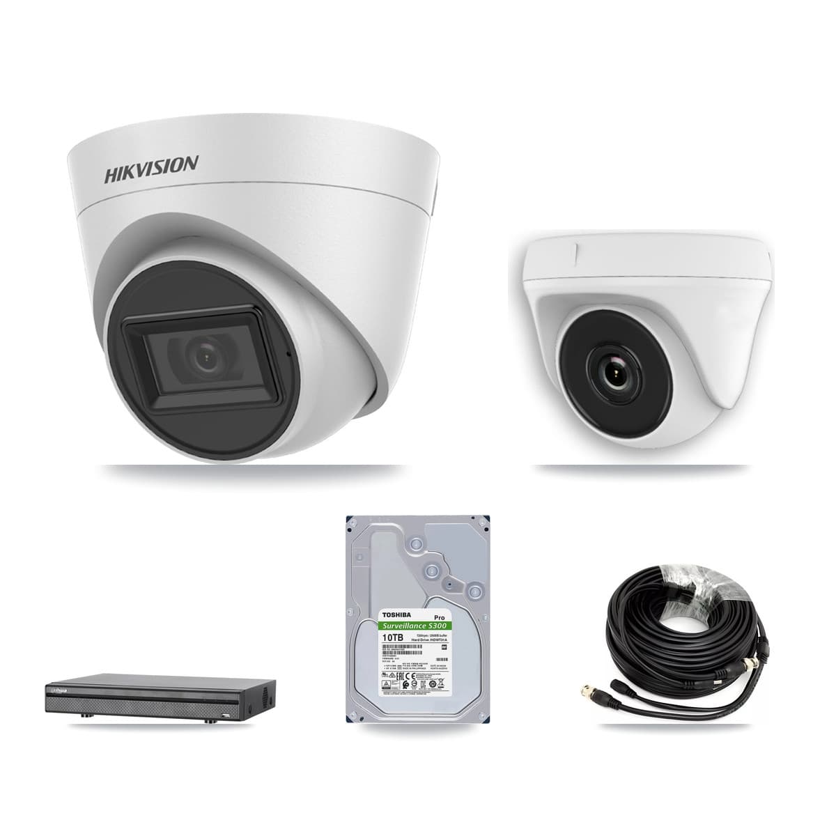 Hikvision & Dahua 8-Channel 2MP – 5MP CCTV Kit — 7 White 5MP Turret + 1 White 2MP Dome Cameras + 10TB Recording (DH-XVR5108H Recorder)