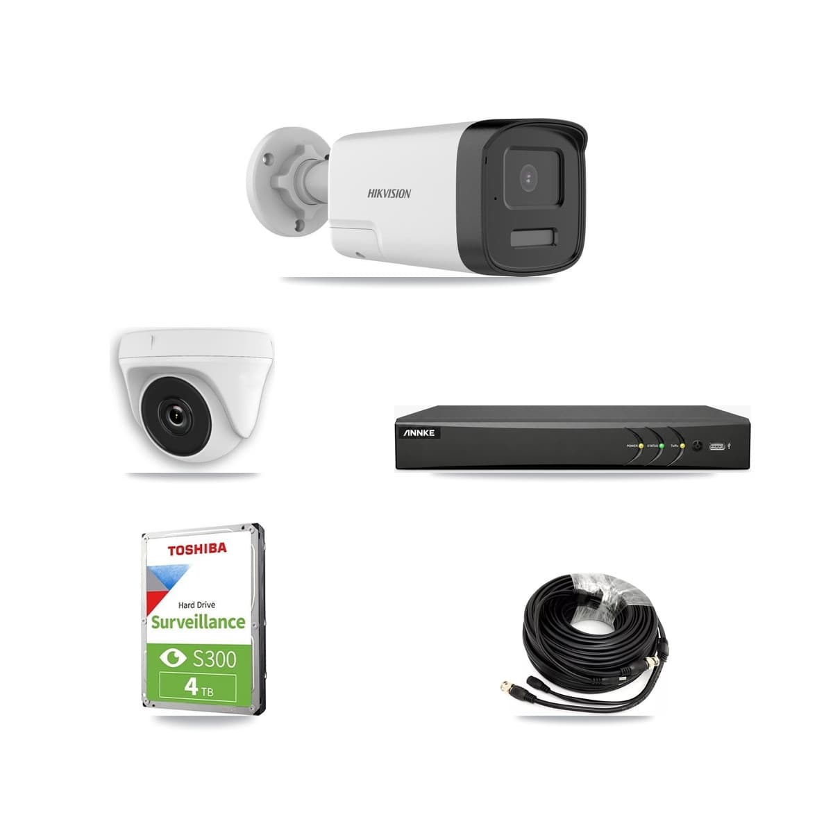 Hikvision & ANNKE 4-Channel 2MP – 5MP CCTV Kit — 1 DS-2CE17K0T 5MP Bullet + 1 White HDT-2MP-N20W 2MP Dome Cameras + 4TB Recording - Image 1