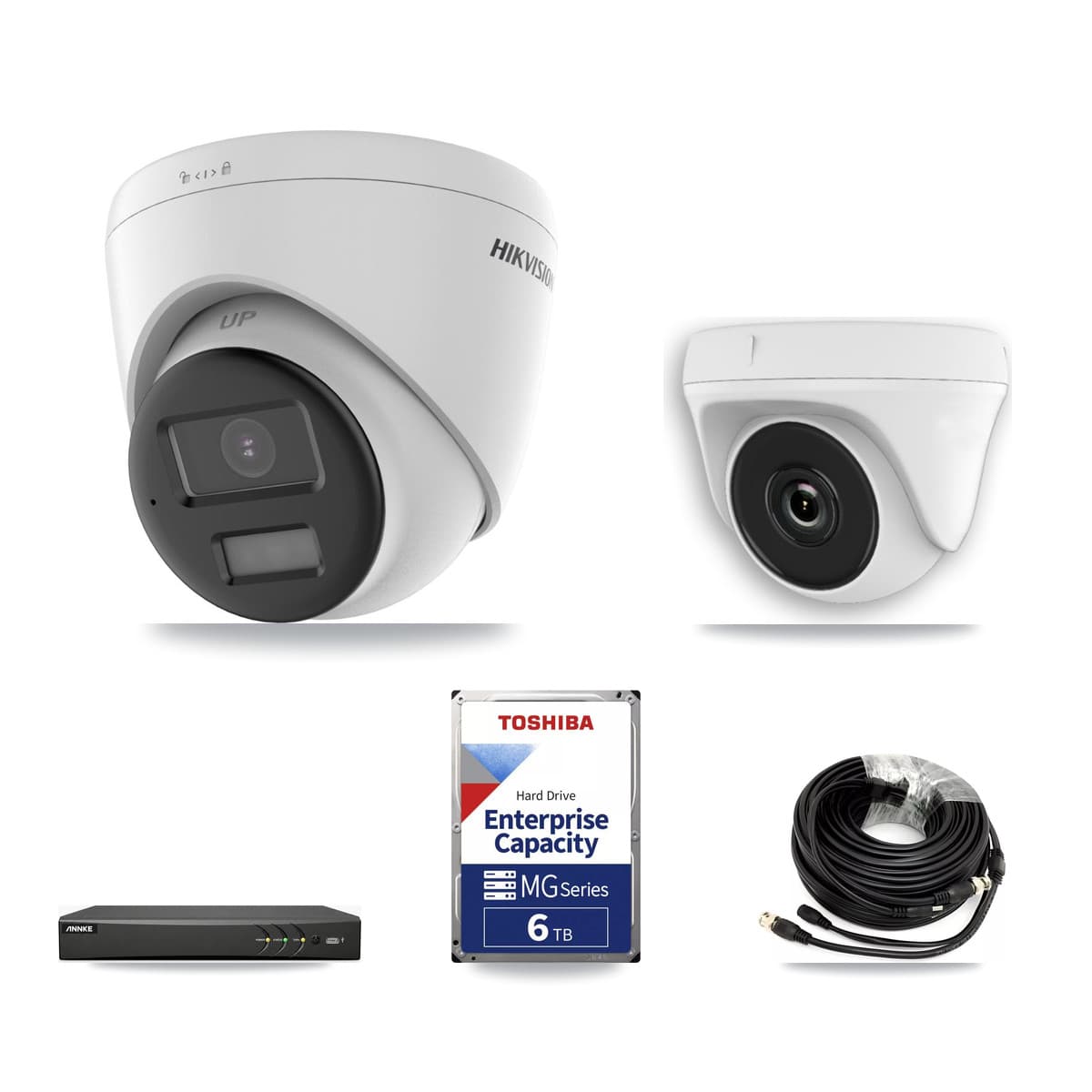 Hikvision & ANNKE 4-Channel 2MP – 4K CCTV Kit — 2 DS-2CE78U0T 4K Turret + 1 White HDT-2MP-N20W 2MP Dome Cameras + 6TB Recording