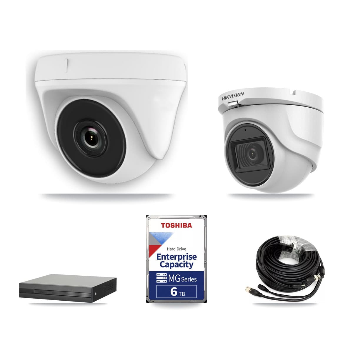 Hikvision 8-Channel 2MP – 5MP CCTV Kit — 1 DS-2CE76H0T 5MP Turret + 7 White HDT-2MP-N20W 2MP Dome Cameras + 6TB Recording (XVR-3108HS Recorder)