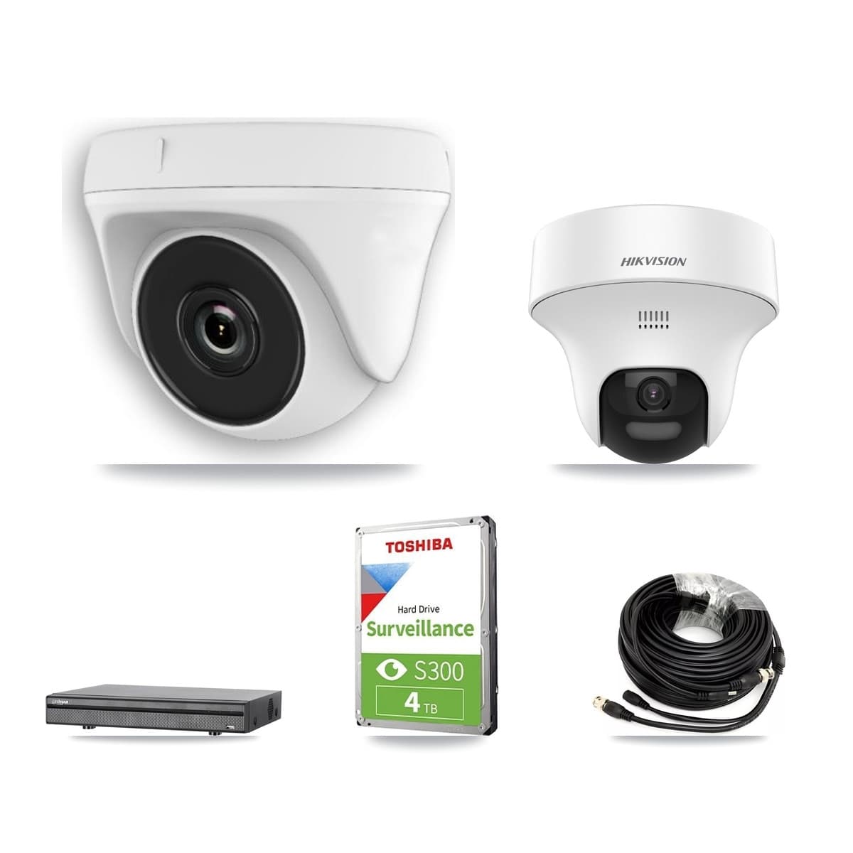 Hikvision & Dahua 8-Channel 2MP – 5MP CCTV Kit — 1 DS-2CE70K0T 5MP Turret + 4 White HDT-2MP-N20W 2MP Dome Cameras + 4TB Recording (DH-XVR5108H Recorder) - Image 1