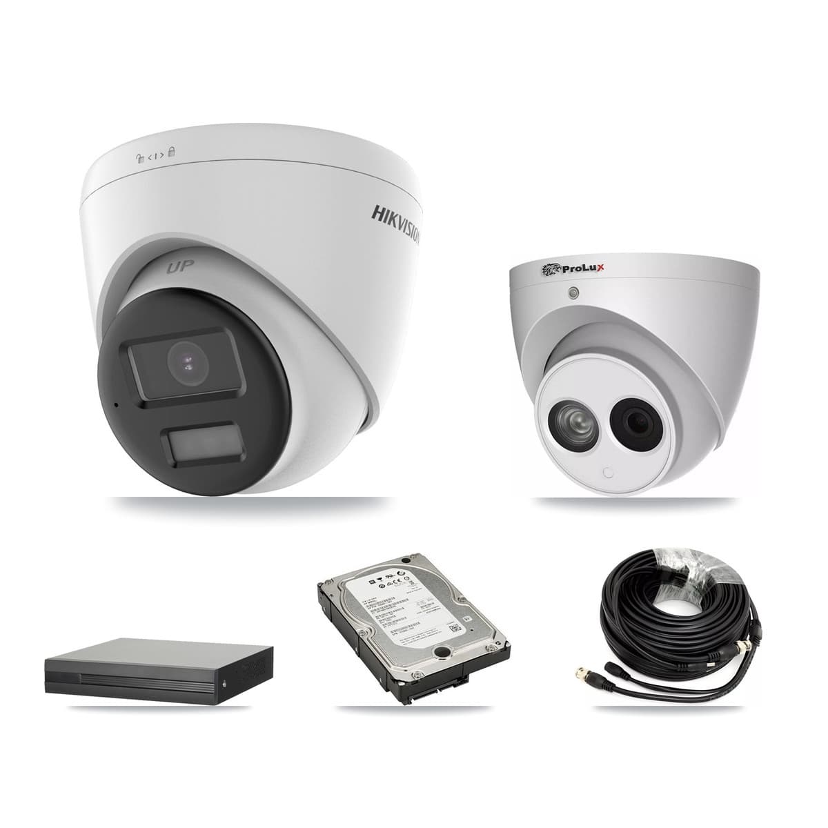 Hikvision & Prolux 4-Channel 4MP – 5MP CCTV Kit — 3 DS-2CE78K0T 5MP + 1 PXC-612C4W-A 4MP Turret Cameras + 5TB Recording (XVR-3104HS Recorder)