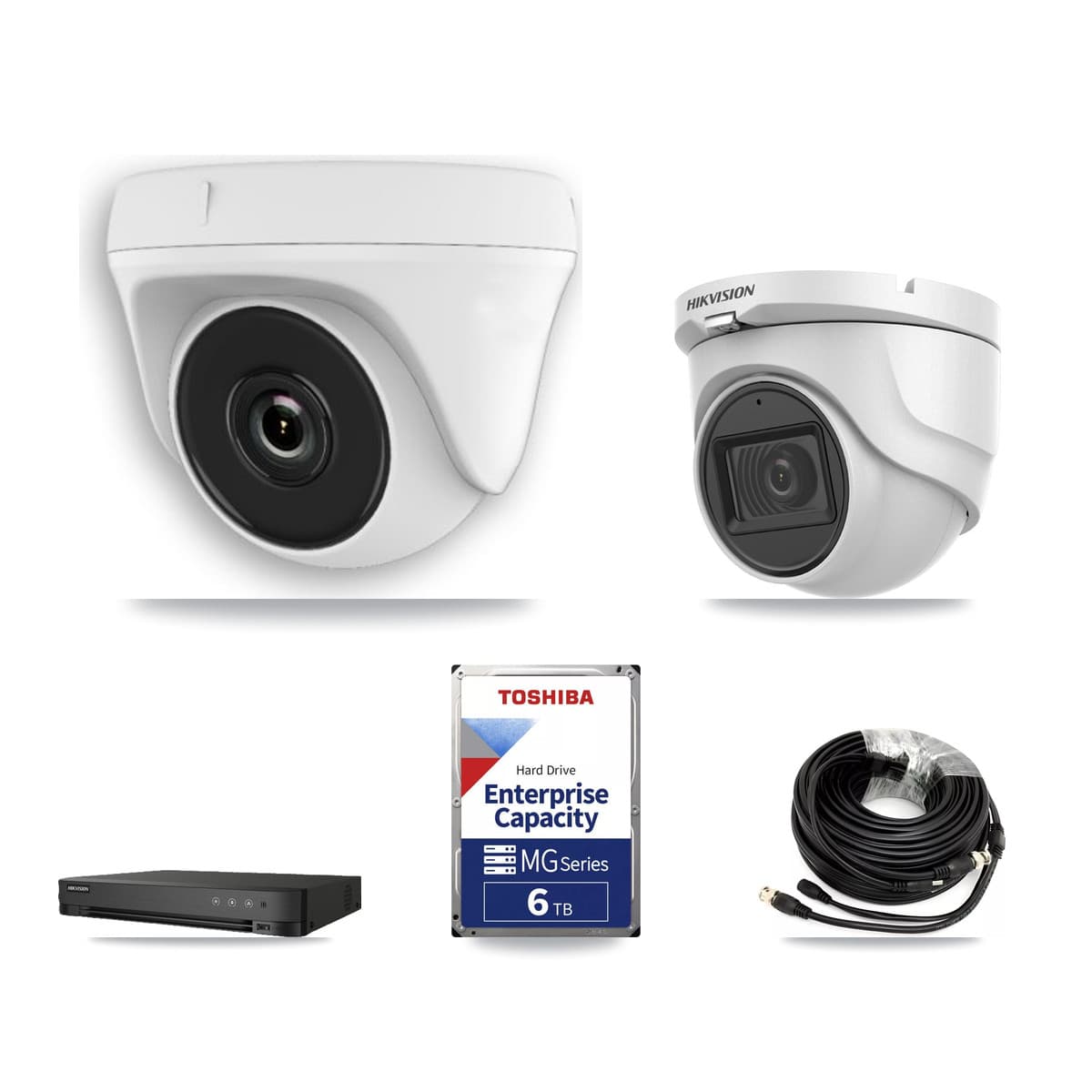 Hikvision 8-Channel 2MP – 5MP CCTV Kit — 1 DS-2CE76H0T 5MP Turret + 7 White HDT-2MP-N20W 2MP Dome Cameras + 6TB Recording (IDS-7208HQHI Recorder)