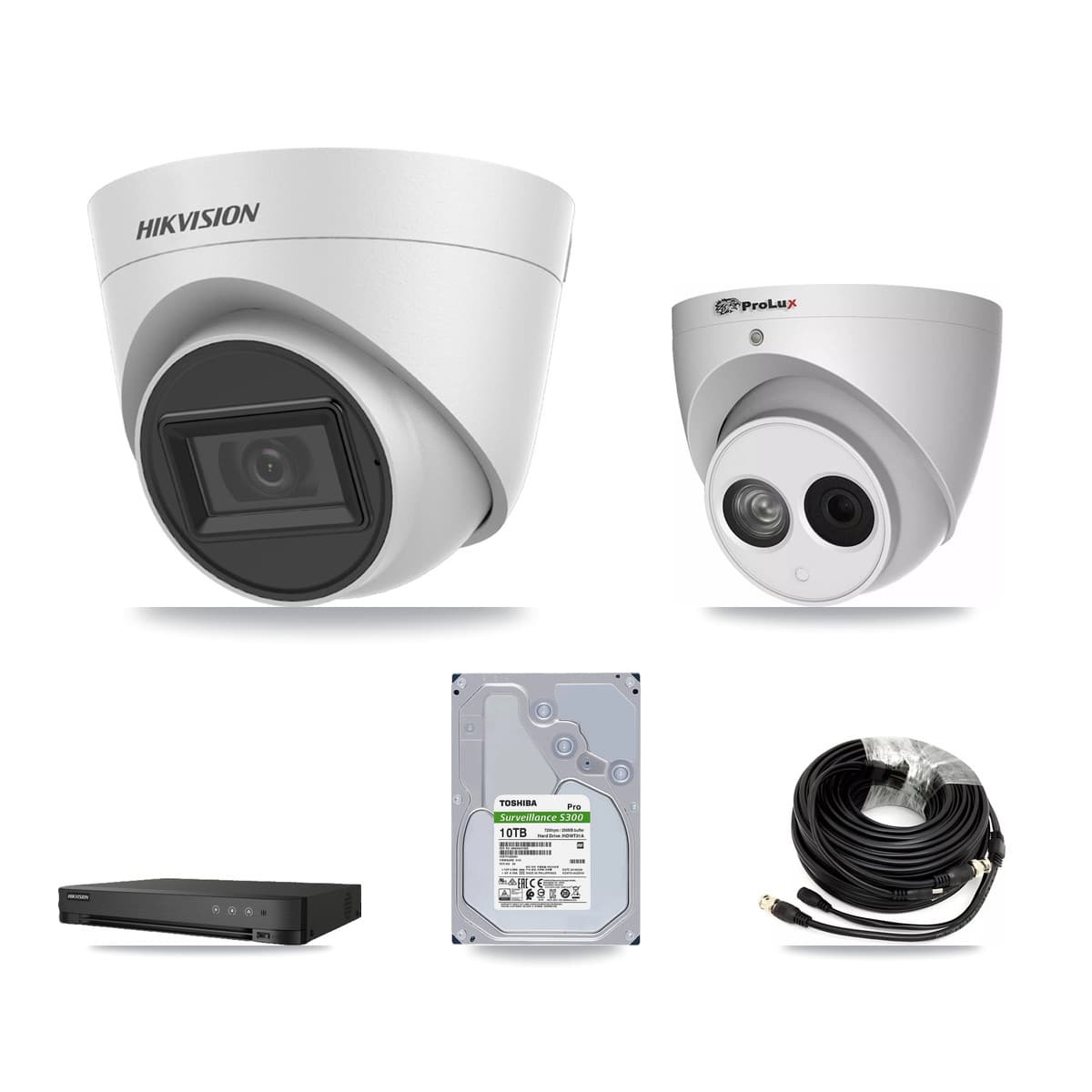 Hikvision & Prolux 8-Channel 4MP – 5MP CCTV Kit — 7 White 5MP + 1 4MP Turret Cameras + 10TB Recording (IDS-7208HQHI Recorder)