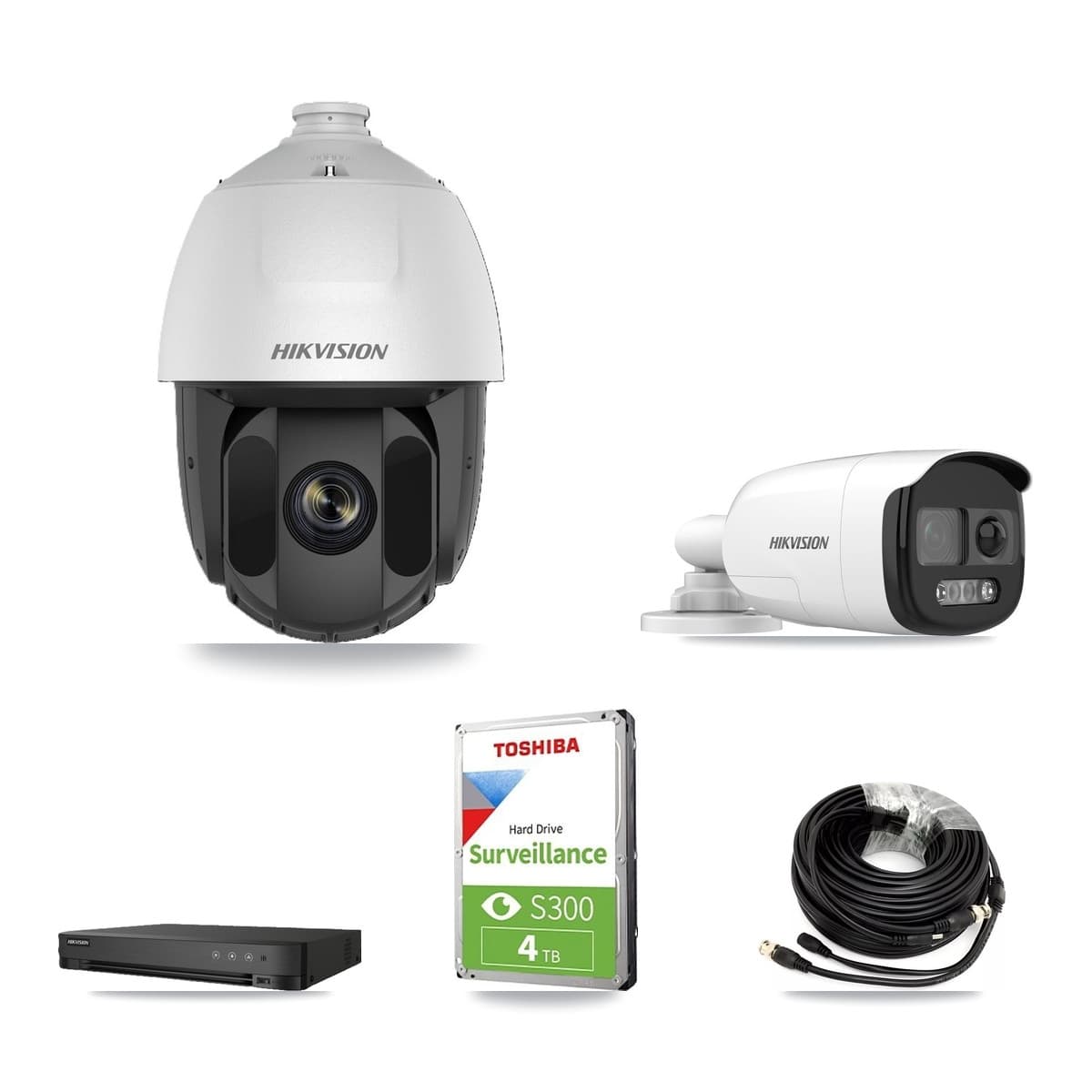 Hikvision 8-Channel 2MP – 5MP CCTV Kit — 1 DS-2AE5225TI 2MP PTZ + 1 DS-2CE12KF3T 5MP Bullet Cameras + 4TB Recording (IDS-7208HQHI Recorder) - Image 1