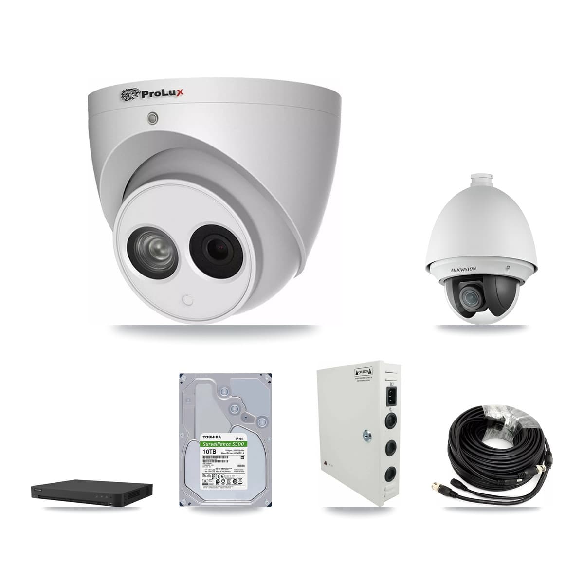 Hikvision & Prolux 32-Channel 2MP – 4MP CCTV Kit — 6 DS-2AE4225T 2MP PTZ + 12 PXC-612C4W-A 4MP Turret Cameras + 2× 10TB Recording (IDS-7232HQHI Recorder) - Image 1