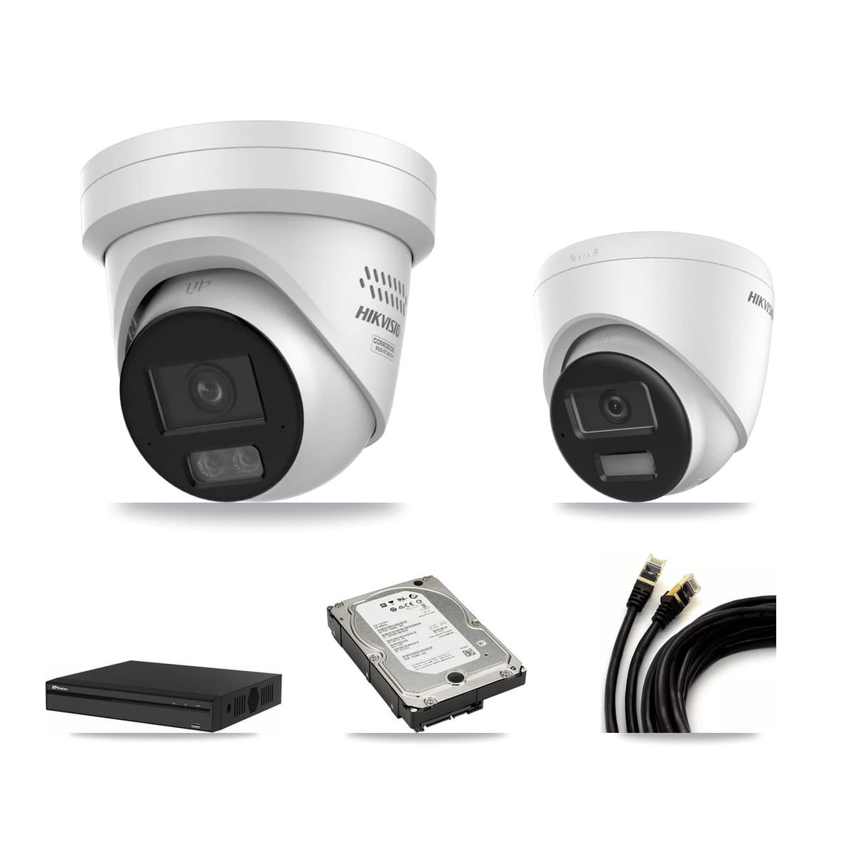 Hikvision & Prolux 4-Channel 4MP – 4K CCTV Kit — 1 DS-2CD1383G2-LIUF/SL 4K + 2 DS-2CD2347G3-LIS2UY/SL 4MP Turret Cameras + 5TB Recording (PXN-2104HS-4P-4K Recorder)