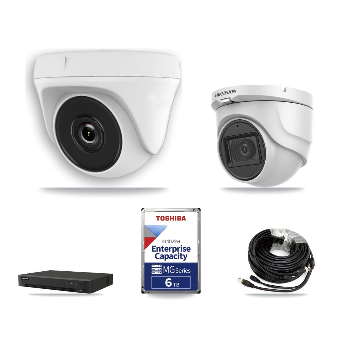 Hikvision 16-Channel 2MP – 5MP CCTV Kit — 1 DS-2CE76H0T 5MP Turret + 7 White HDT-2MP-N20W 2MP Dome Cameras + 6TB Recording (IDS-7216HQHI Recorder) - Image 1