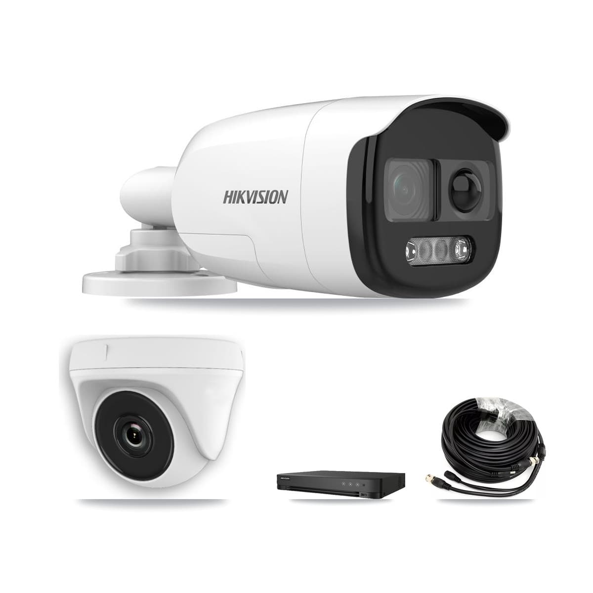 Hikvision 8-Channel 2MP – 5MP CCTV Kit — 4 DS-2CE12KF3T-PIRXO 5MP Bullet + 4 White HDT-2MP-N20W-2.8MM 2MP Dome Cameras + 8TB Recording (IDS-7208HUHI-M1/E Recorder) - Image 1