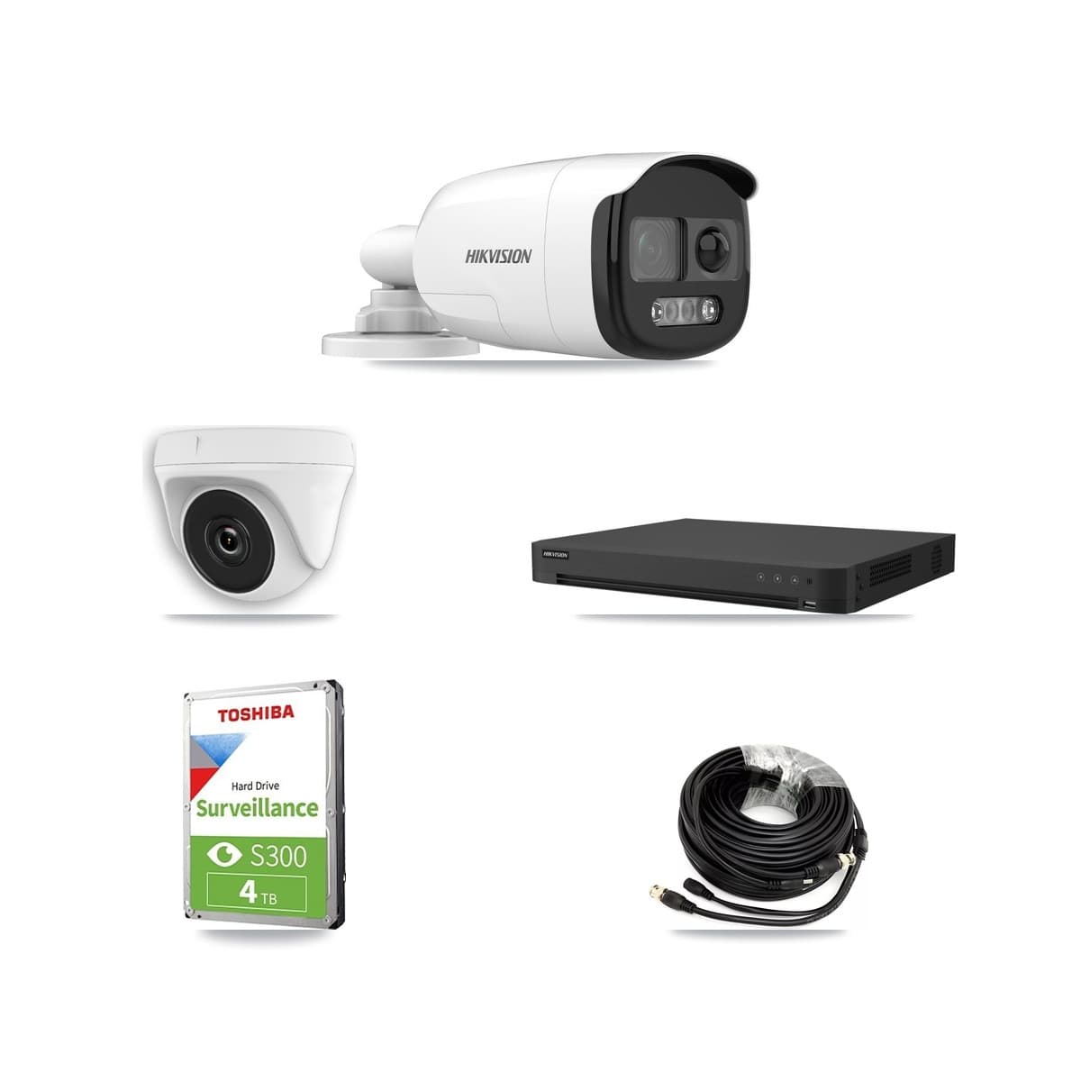 Hikvision 32-Channel 2MP – 5MP CCTV Kit — 2 DS-2CE12KF3T 5MP Bullet + 2 White HDT-2MP-N20W 2MP Dome Cameras + 4TB Recording (IDS-7232HQHI Recorder) - Image 1