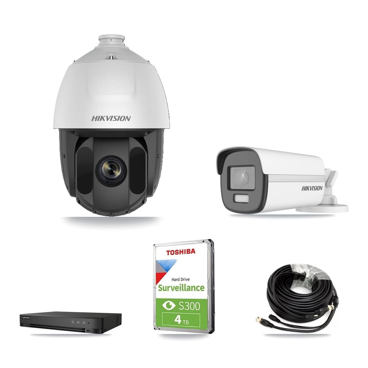 Hikvision 4-Channel 2MP – 4K CCTV Kit — 1 DS-2AE5225TI 2MP PTZ + 1 DS-2CE12UF3T 4K Bullet Cameras + 4TB Recording (DS-7204HUHI Recorder)