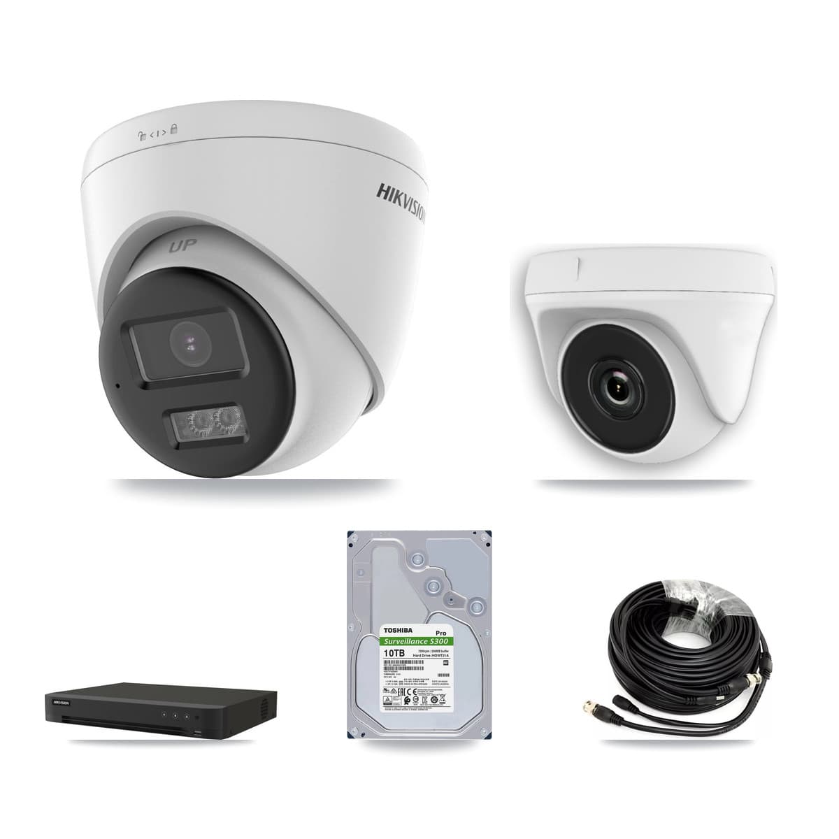 Hikvision 16-Channel 2MP – 5MP CCTV Kit — 7 DS-2CE78K0T-LTS 5MP Turret + 1 White HDT-2MP-N20W-2.8MM 2MP Dome Cameras + 10TB Recording (IDS-7216HQHI-M1/XT Recorder) - Image 1