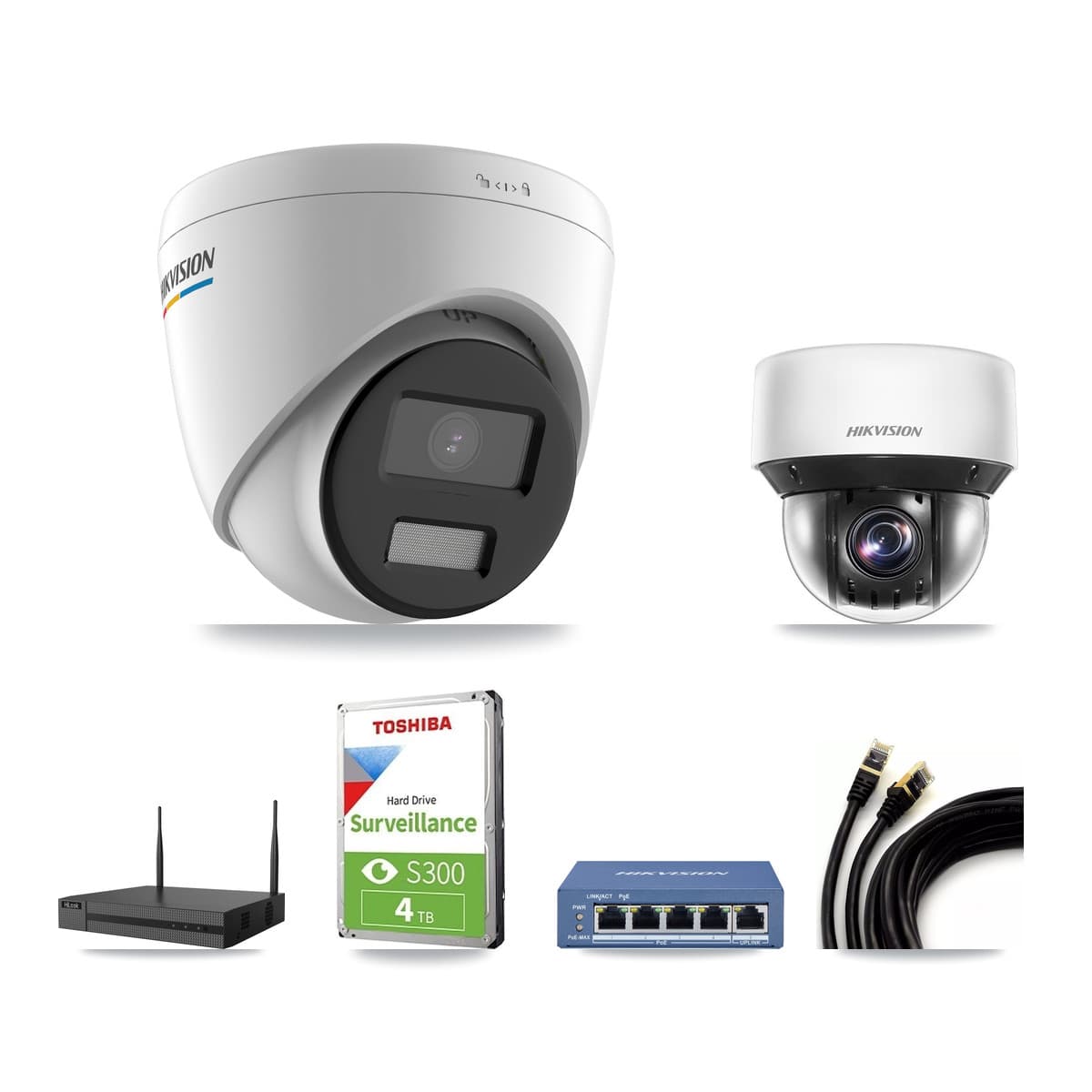 Hikvision & HiLook 4-Channel 2MP – 4MP CCTV Kit — 1 DS-2CD1327G2 2MP Turret + 1 DS-2DE4A425IW 4MP PTZ Cameras + 4TB Recording - Image 1