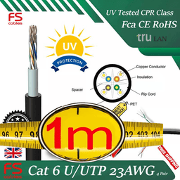 RJ45 CAT6 U/UTP Outdoor Ethernet Cable 1m Reel Black 23AWG Solid Copper